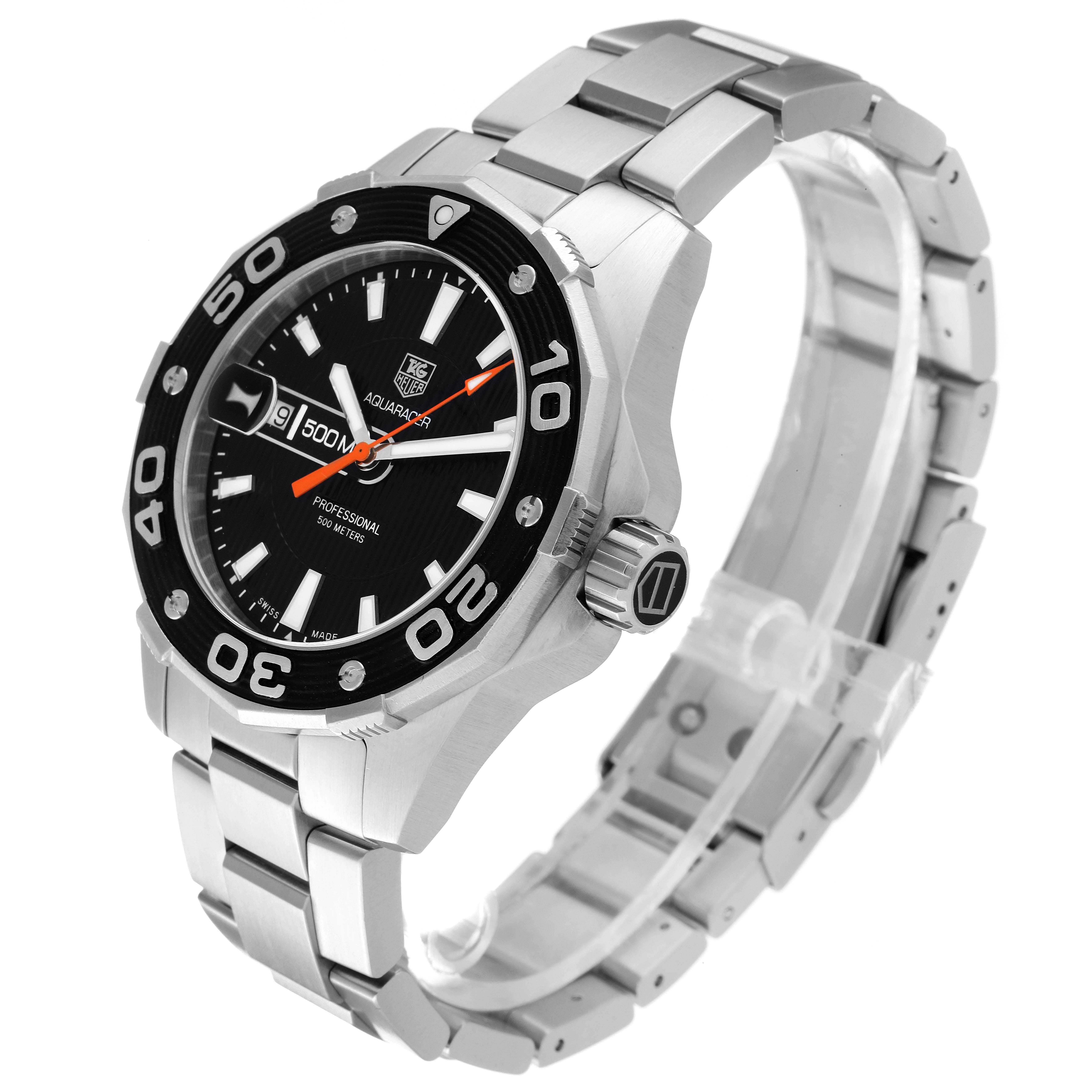 The Tag Heuer Aquaracer WAJ1110.BA0871 Men
s Stainless Steel Black Dial WAJ1110.BA0871 Men
s Stainless Steel Black Dial model watch is shown from a front-side angle displaying the face, bezel, and metal bracelet.