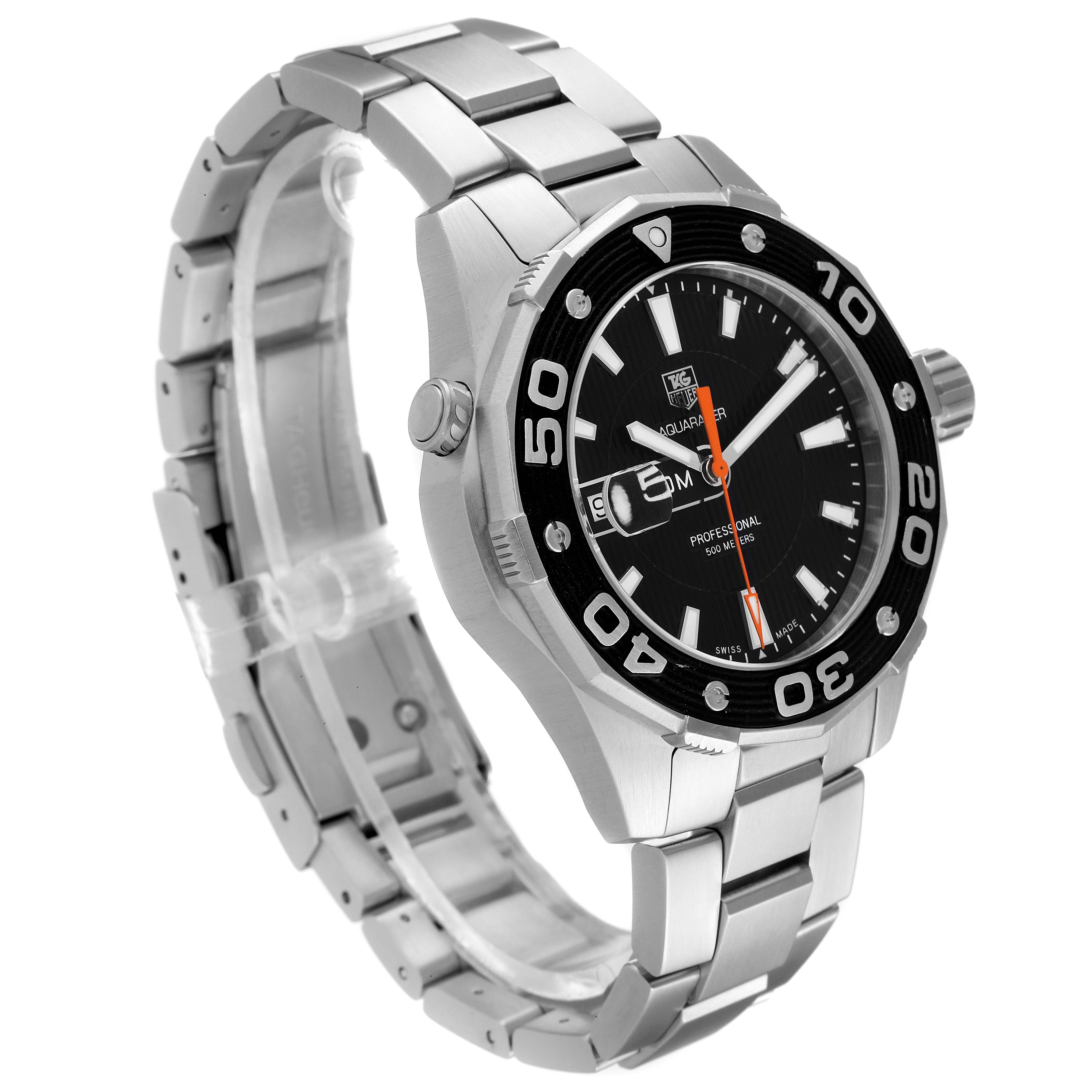 The image shows a side-angle view of a Tag Heuer Aquaracer WAJ1110.BA0871 Men
s Stainless Steel Black Dial WAJ1110.BA0871 Men
s Stainless Steel Black Dial watch, highlighting its face, bezel, and metal band.