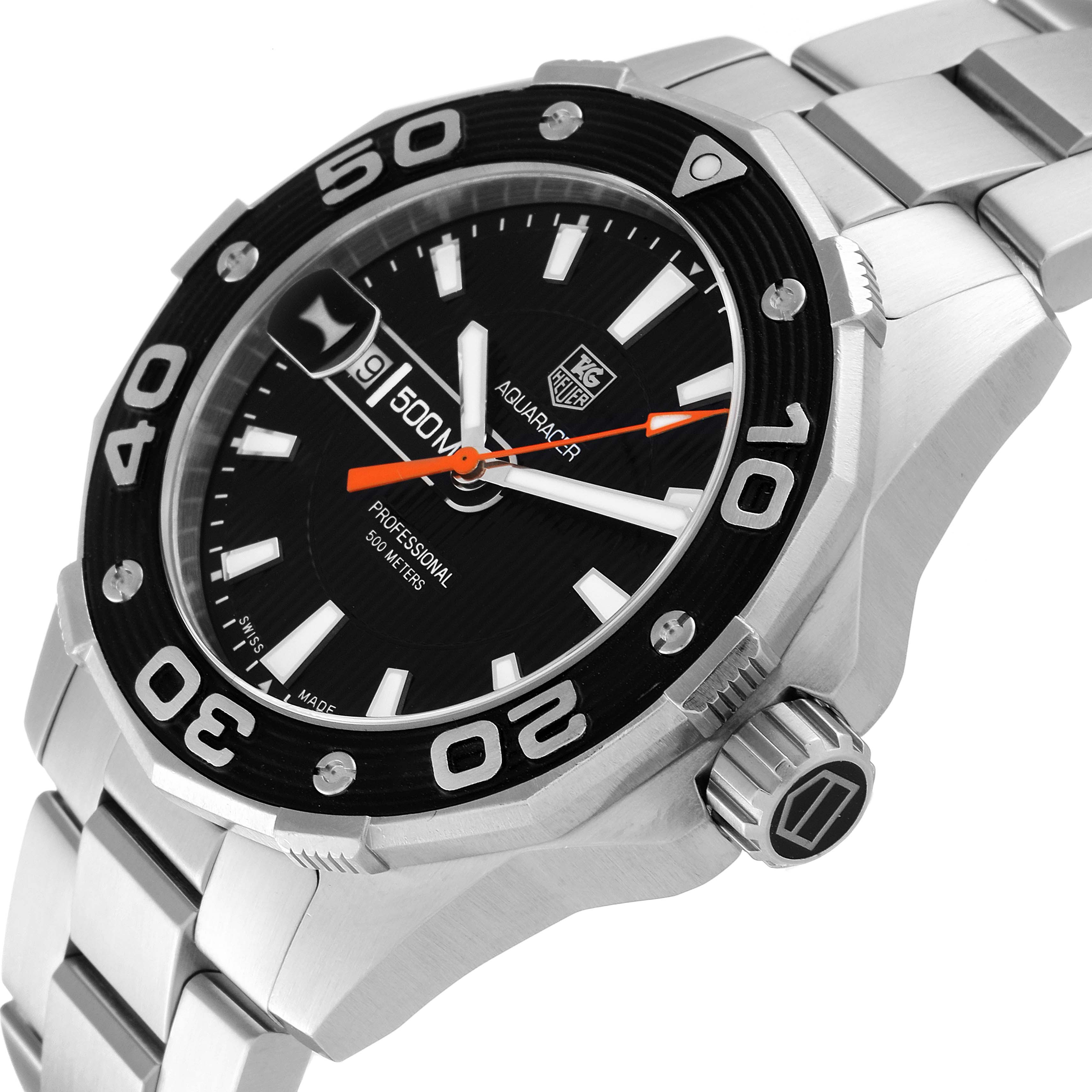 The image shows a close-up, angled view of a Tag Heuer Aquaracer WAJ1110.BA0871 Men
s Stainless Steel Black Dial WAJ1110.BA0871 Men
s Stainless Steel Black Dial watch, highlighting its face, bezel, crown, and part of the bracelet.