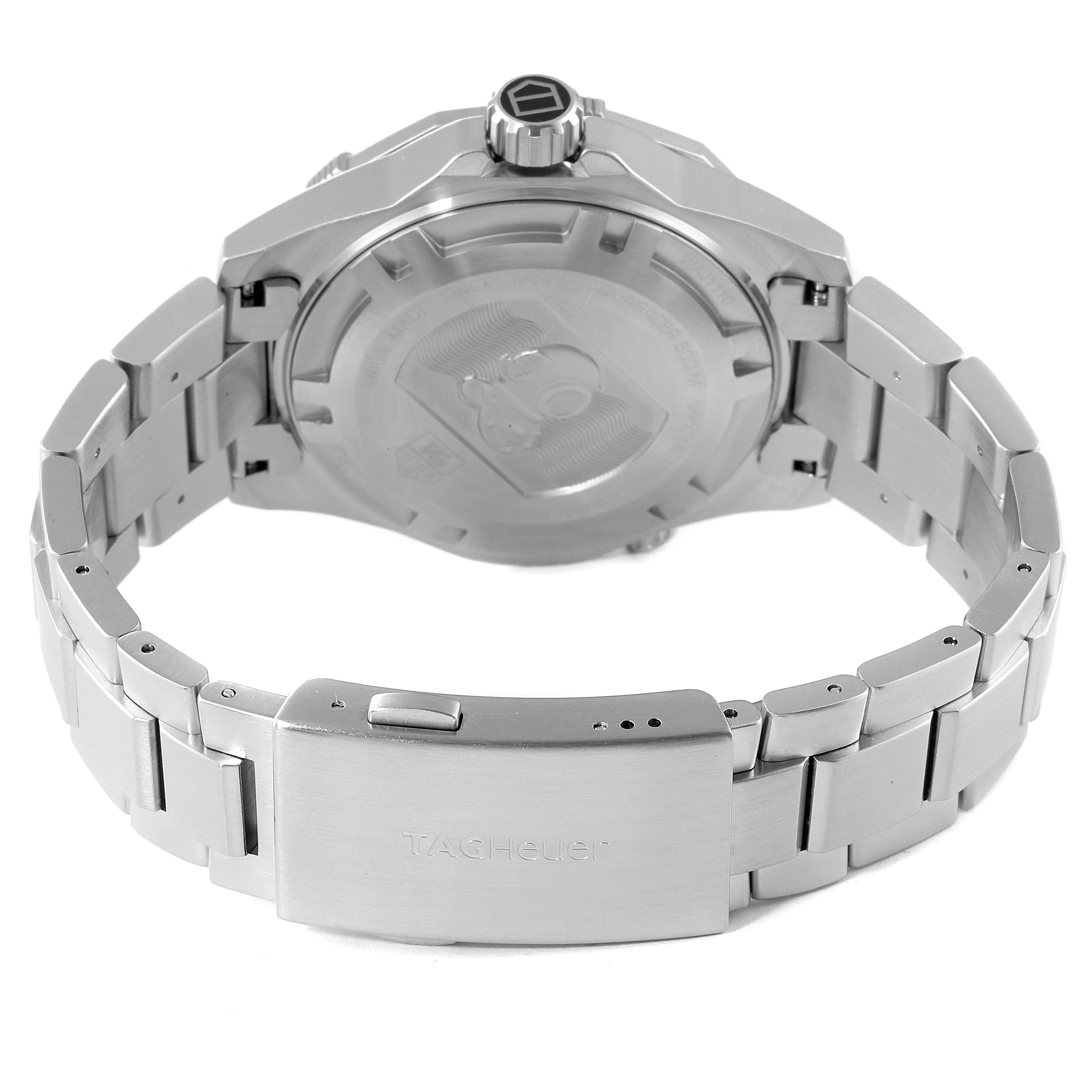 The image shows the back view of the Tag Heuer Aquaracer WAJ1110.BA0871 Men
s Stainless Steel Black Dial WAJ1110.BA0871 Men
s Stainless Steel Black Dial watch, including the case back, crown, and metal bracelet with the clasp.
