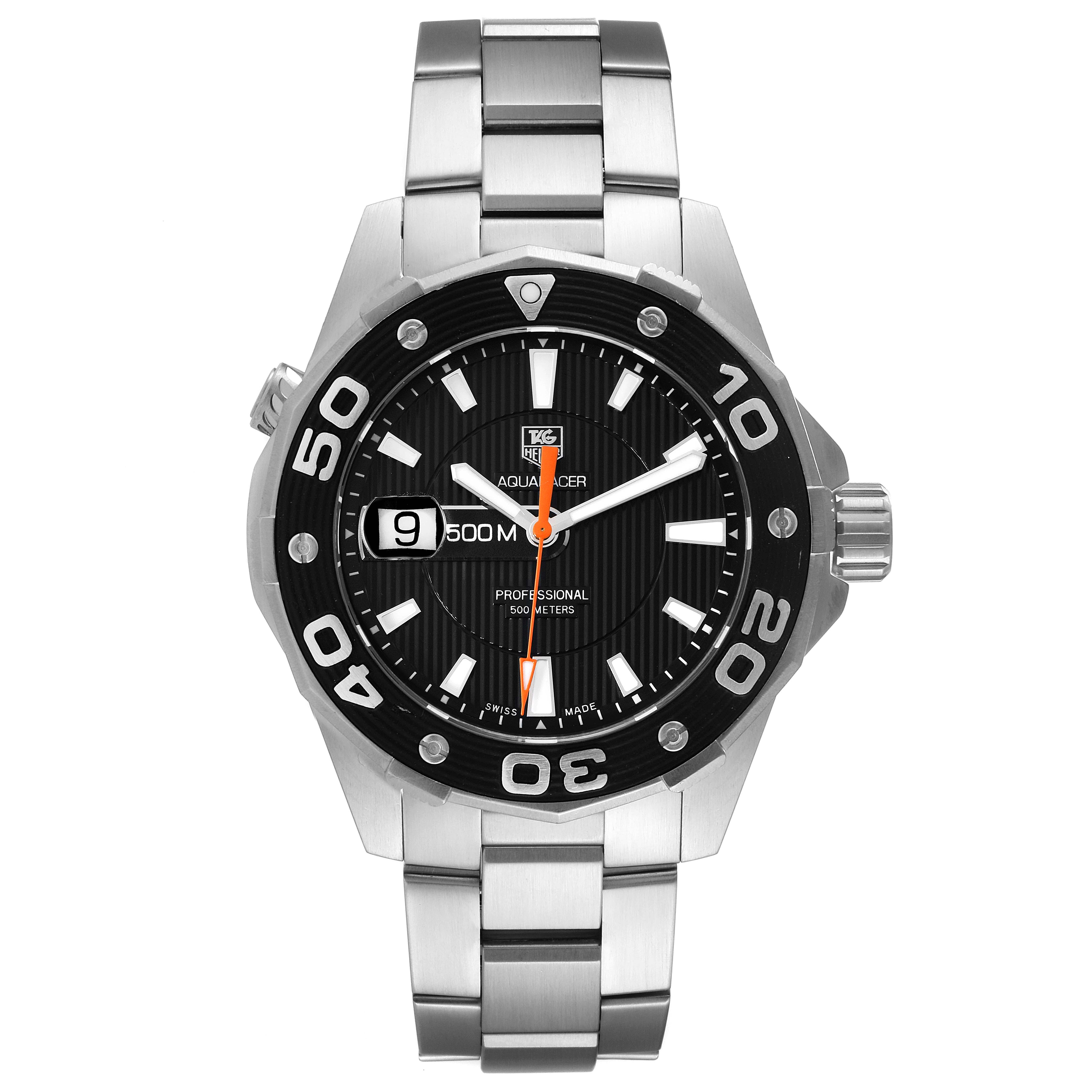 The image shows a front view of a Tag Heuer Aquaracer WAJ1110.BA0871 Men
s Stainless Steel Black Dial WAJ1110.BA0871 Men
s Stainless Steel Black Dial watch, featuring its bezel, dial, hands, and stainless steel bracelet.