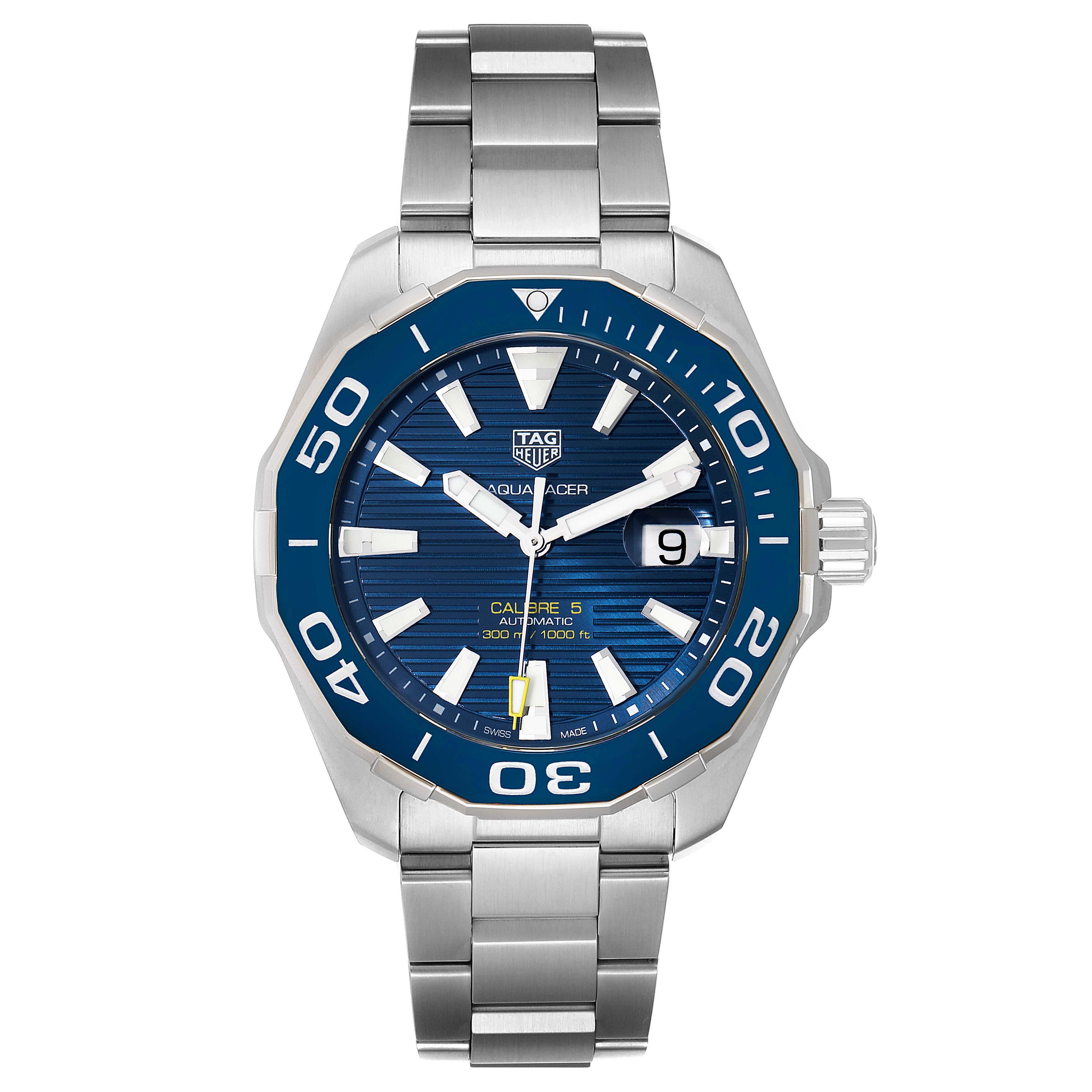 The image shows a front view of a Tag Heuer Aquaracer WAY201B Men's Stainless Steel Blue Dial WAY201B Men's Stainless Steel Blue Dial watch with a blue dial and a stainless steel bracelet.