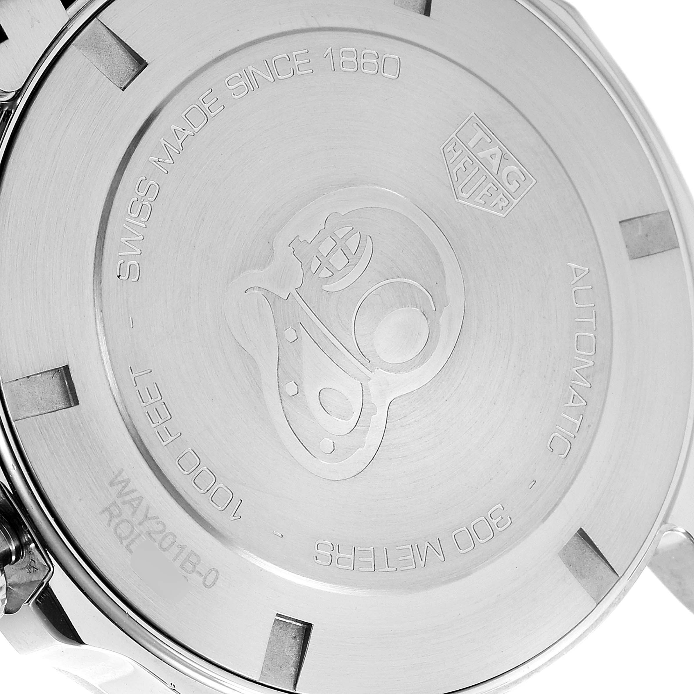 This image shows the backside of a Tag Heuer Aquaracer WAY201B Men's Stainless Steel Blue Dial WAY201B Men's Stainless Steel Blue Dial watch, highlighting the engraved details and markings.