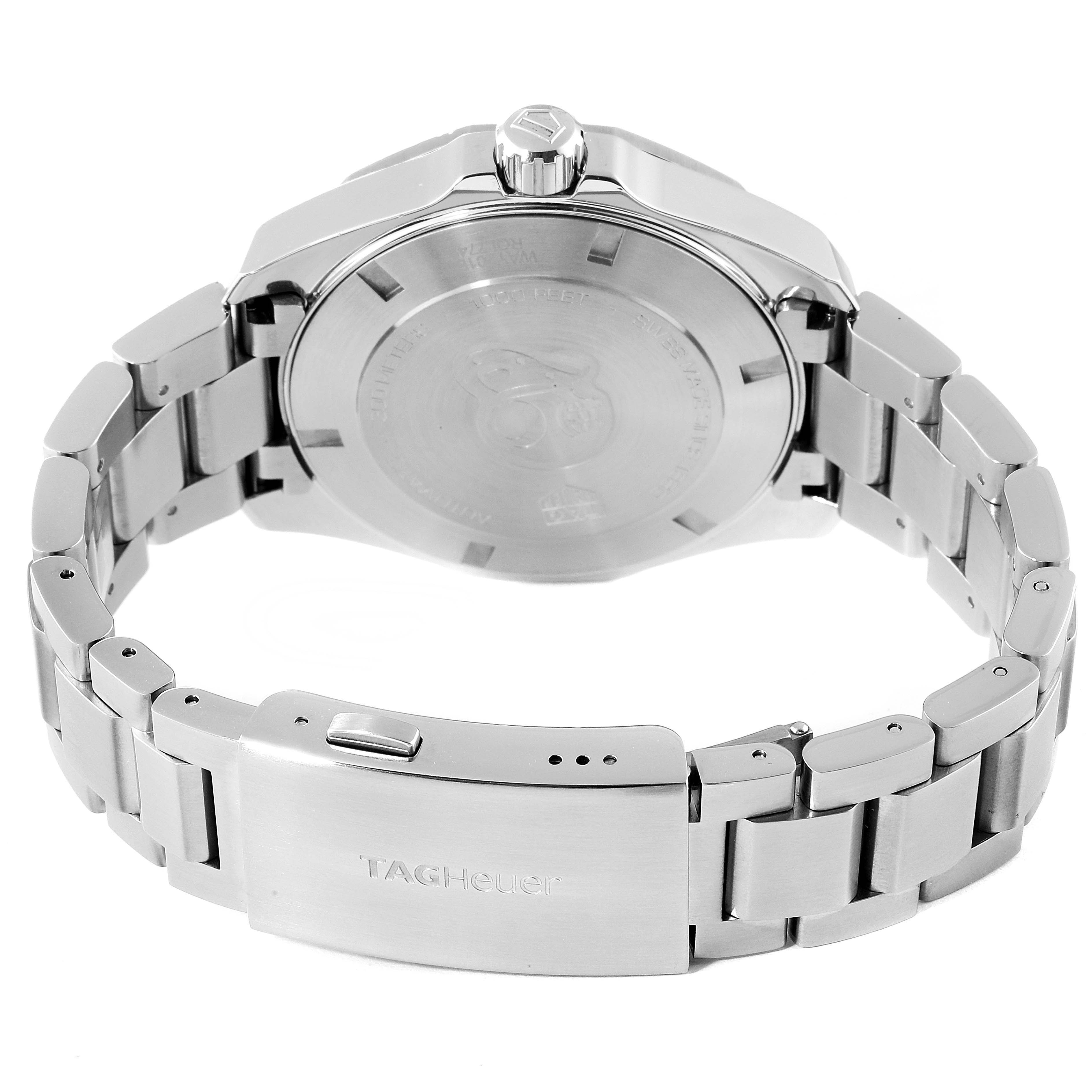 The image shows the back view of the Tag Heuer Aquaracer WAY201B Men's Stainless Steel Blue Dial WAY201B Men's Stainless Steel Blue Dial watch, highlighting its stainless steel case back and bracelet.