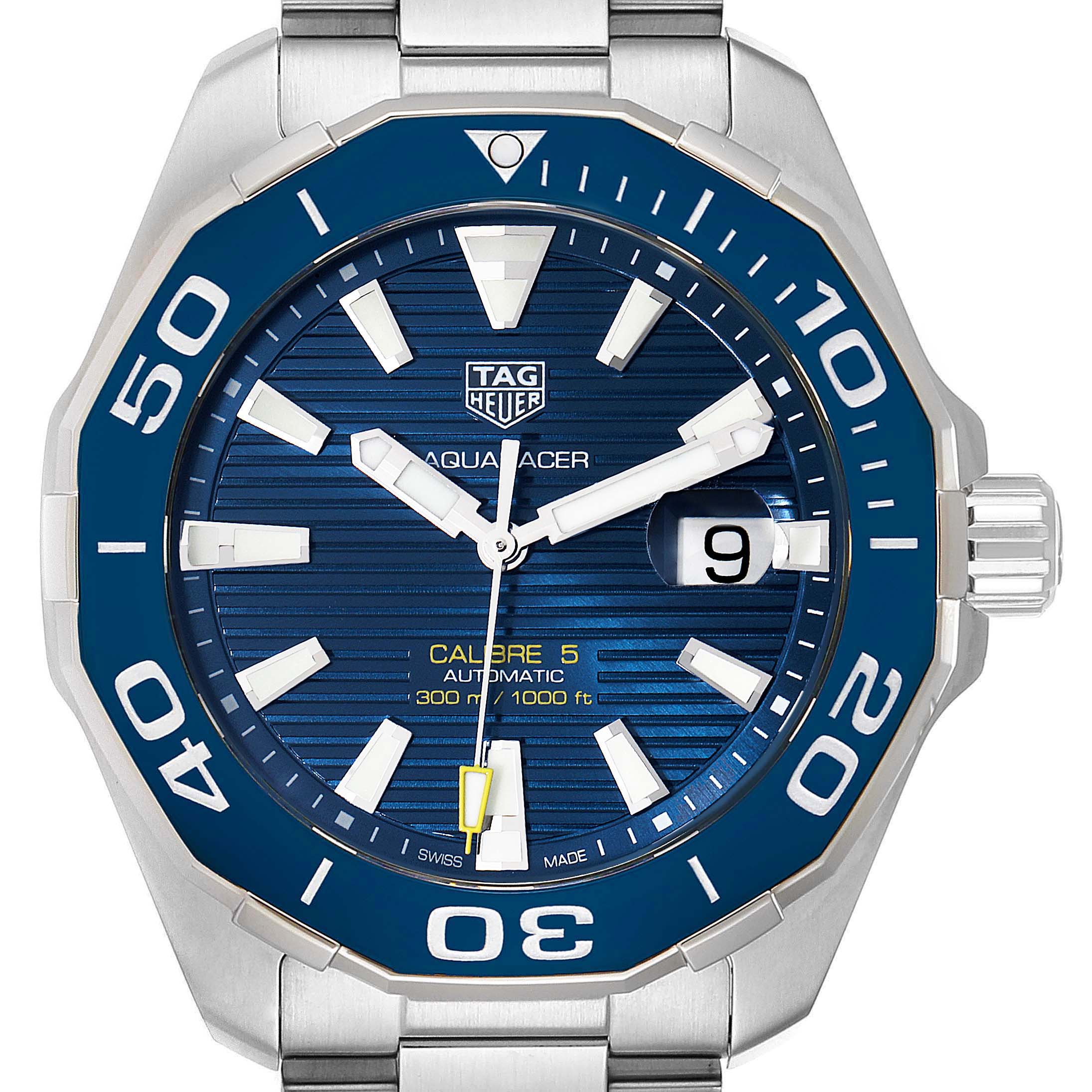The Tag Heuer Aquaracer WAY201B Men's Stainless Steel Blue Dial WAY201B Men's Stainless Steel Blue Dial model is shown from a front angle, highlighting its blue dial, bezel, and metal bracelet.