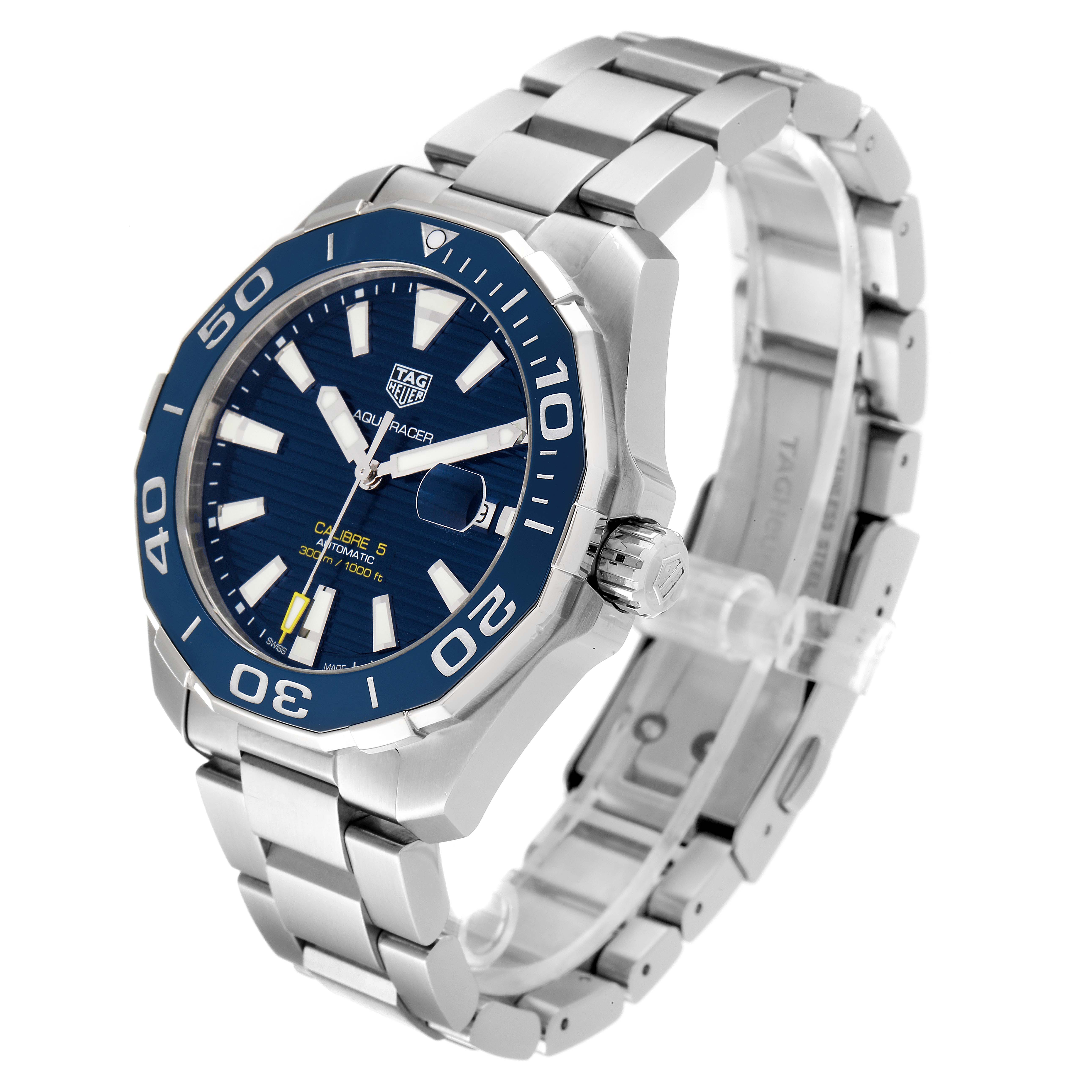 The Tag Heuer Aquaracer WAY201B Men's Stainless Steel Blue Dial WAY201B Men's Stainless Steel Blue Dial watch is shown at a three-quarter angle, displaying its face, bezel, crown, and metal bracelet.