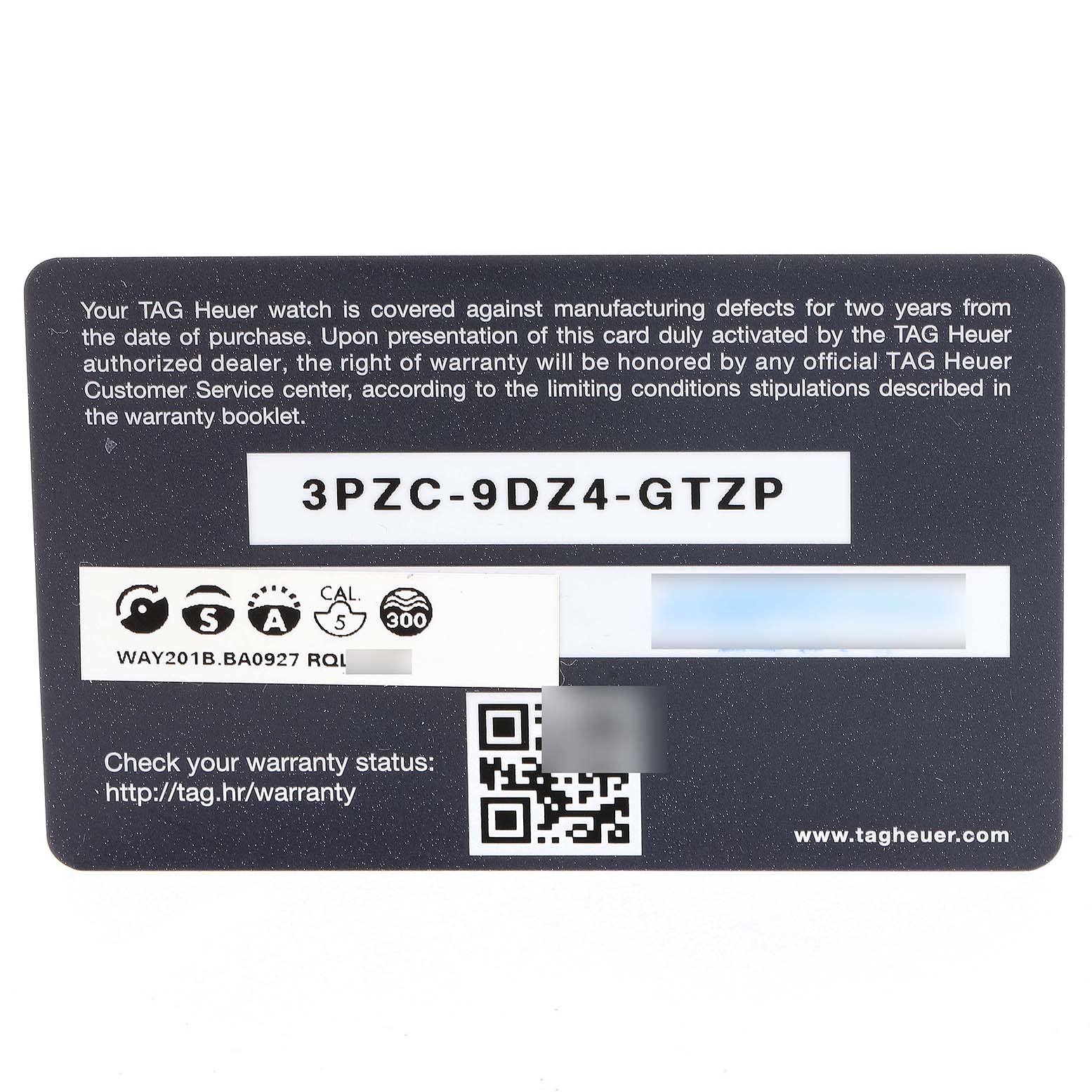 This image shows the warranty card for the Tag Heuer Aquaracer WAY201B Men's Stainless Steel Blue Dial WAY201B Men's Stainless Steel Blue Dial watch from a front-facing angle.