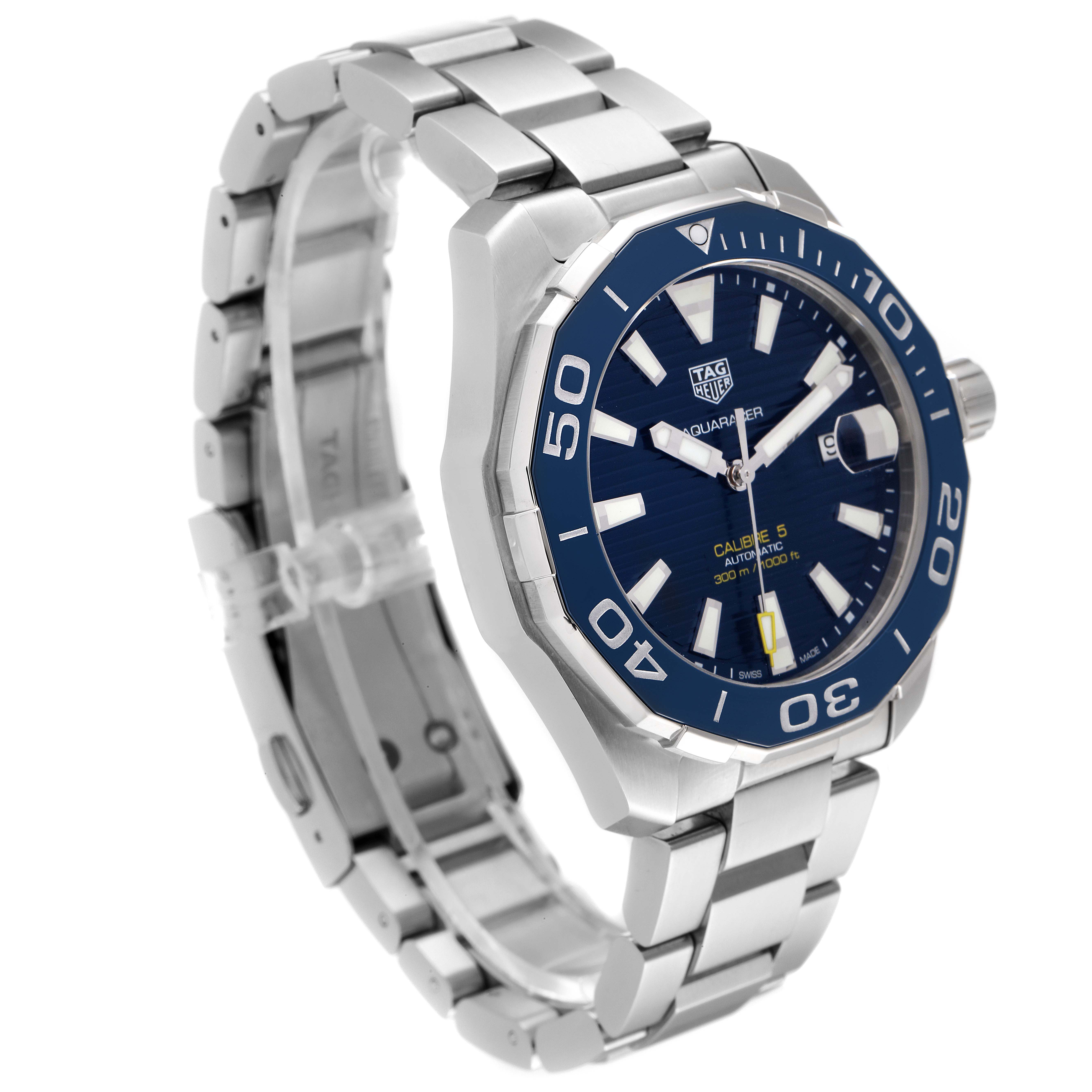 This image shows a Tag Heuer Aquaracer WAY201B Men's Stainless Steel Blue Dial WAY201B Men's Stainless Steel Blue Dial watch at a slight left-side angle, highlighting the bezel, dial, and bracelet.