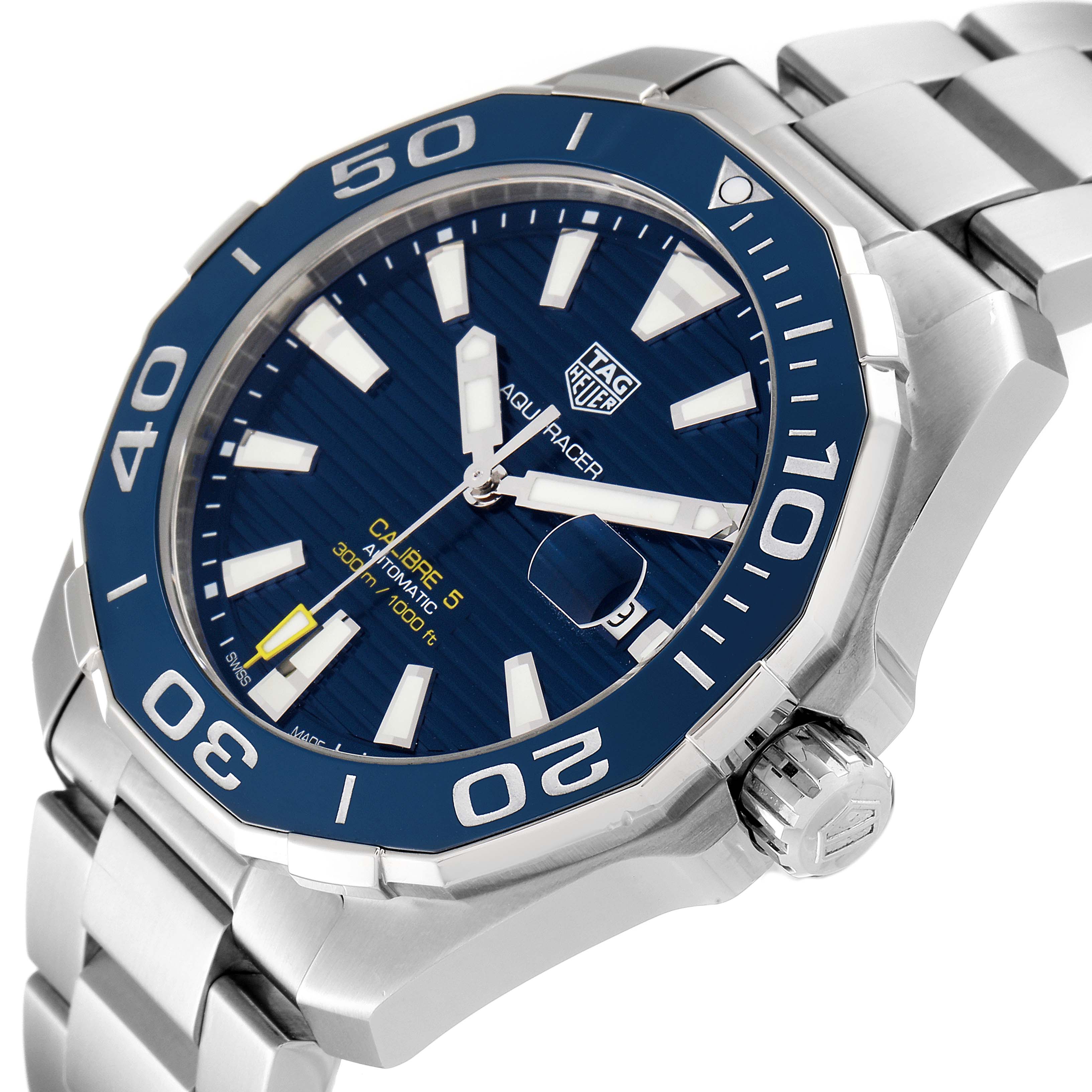 This image shows a close-up, angled view of the Tag Heuer Aquaracer WAY201B Men's Stainless Steel Blue Dial WAY201B Men's Stainless Steel Blue Dial watch face, bezel, and stainless steel bracelet.