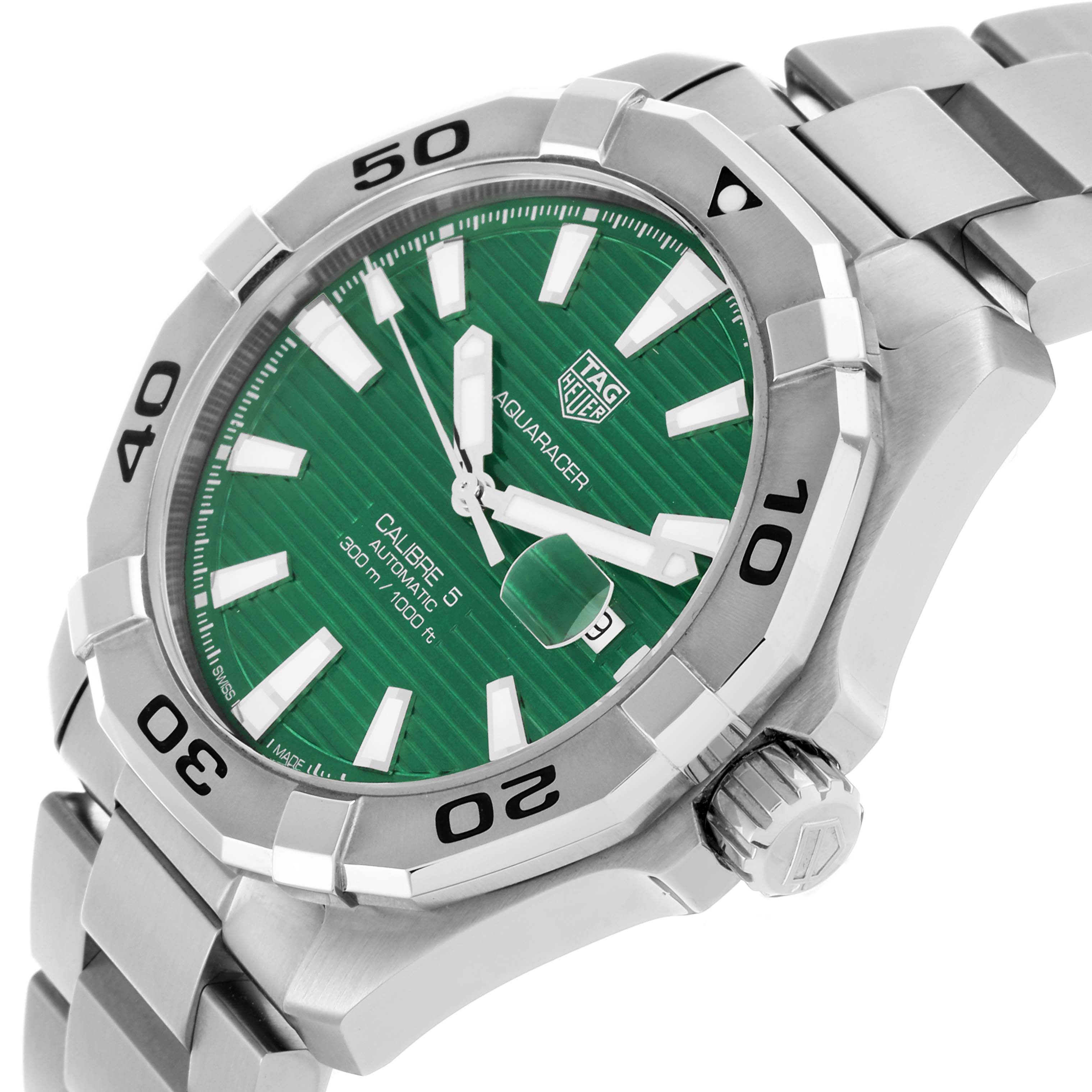 The Tag Heuer Aquaracer WAY2015.BA0927 Men's Stainless Steel Green Dial WAY2015.BA0927 Men's Stainless Steel Green Dial watch is shown at an angled close-up, highlighting the bezel, dial, and bracelet.