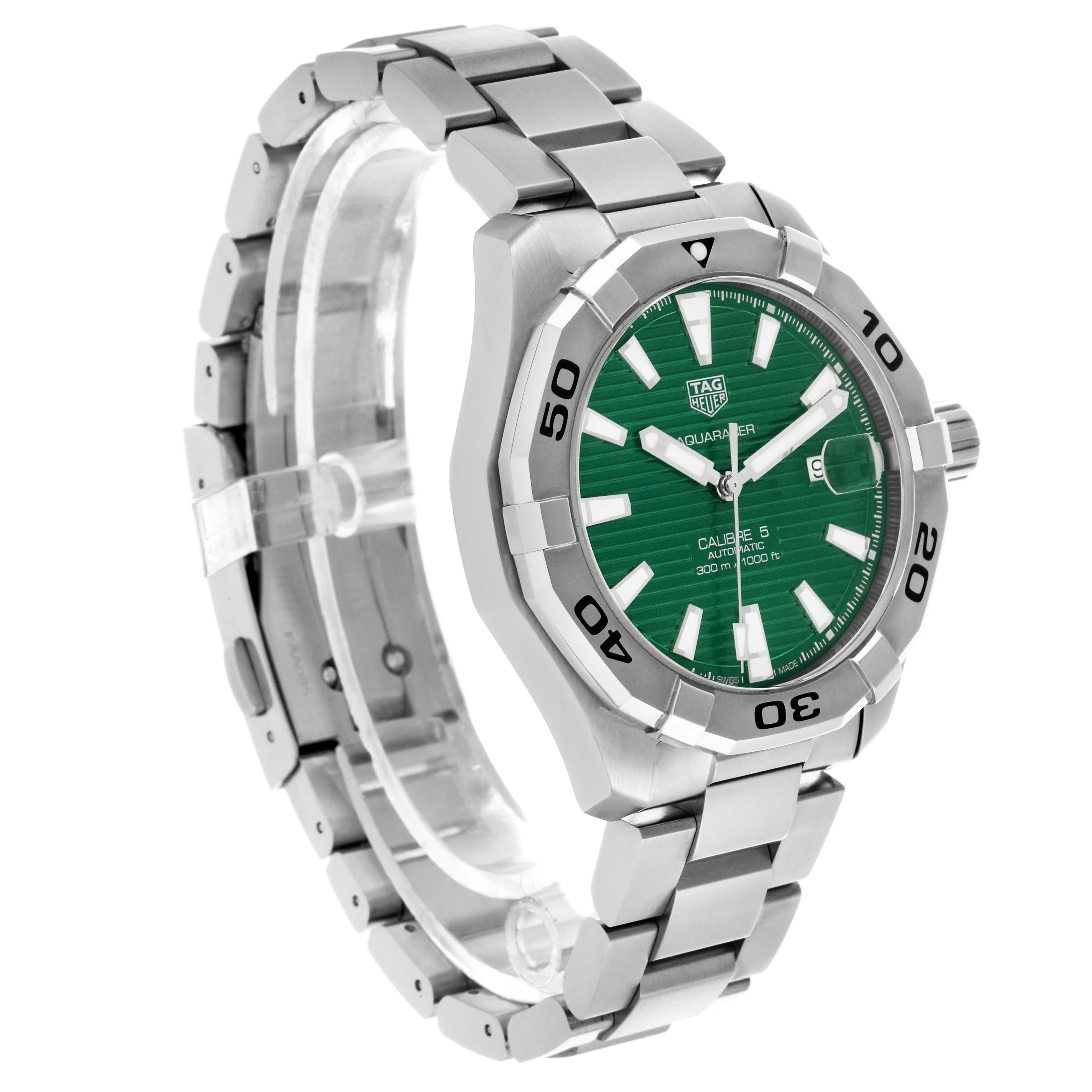 The Tag Heuer Aquaracer WAY2015.BA0927 Men's Stainless Steel Green Dial WAY2015.BA0927 Men's Stainless Steel Green Dial watch is shown at a slight angle, highlighting the green dial, stainless steel bracelet, and bezel.