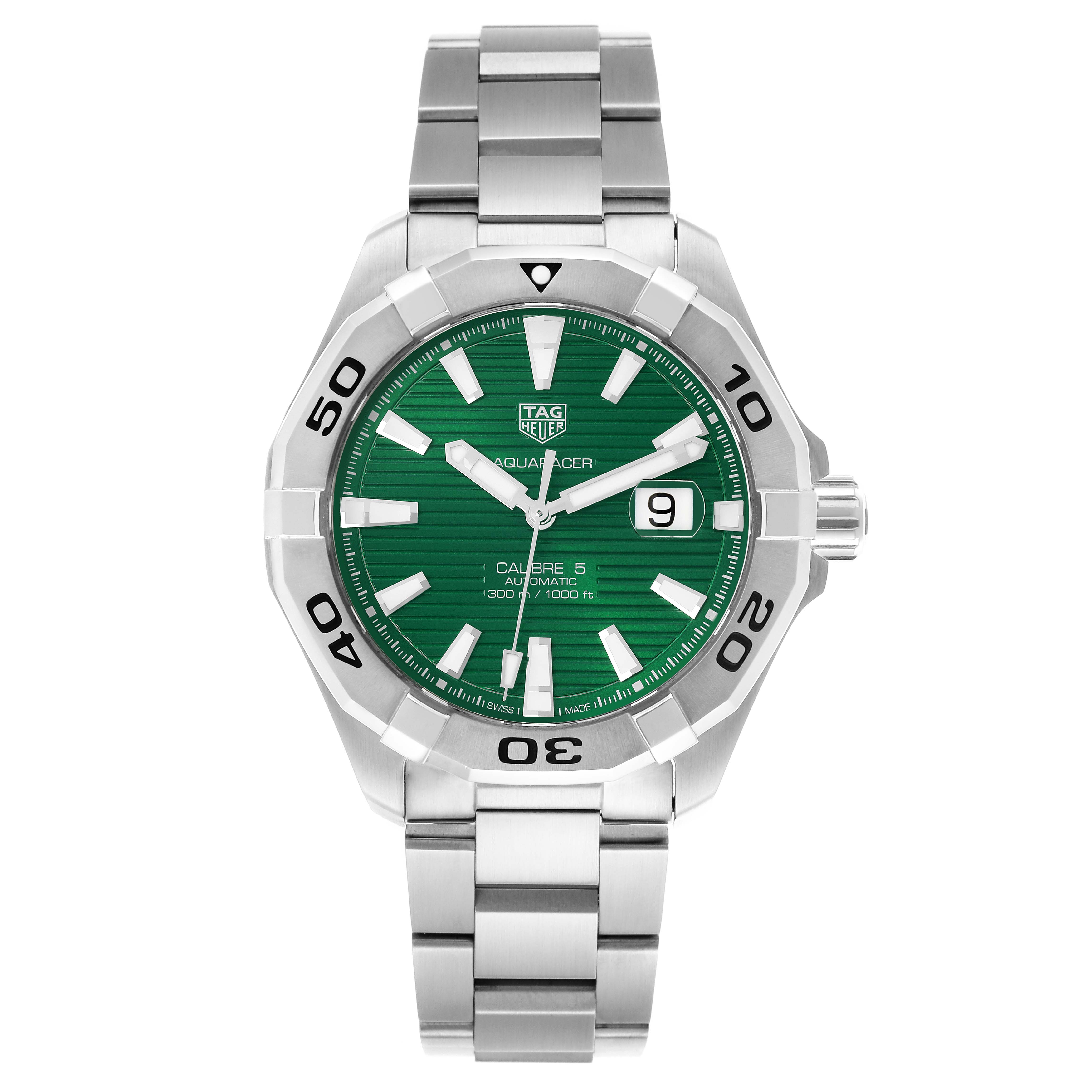 The Tag Heuer Aquaracer WAY2015.BA0927 Men's Stainless Steel Green Dial WAY2015.BA0927 Men's Stainless Steel Green Dial watch is shown from a front angle, displaying the green dial, bezel, and stainless steel bracelet.