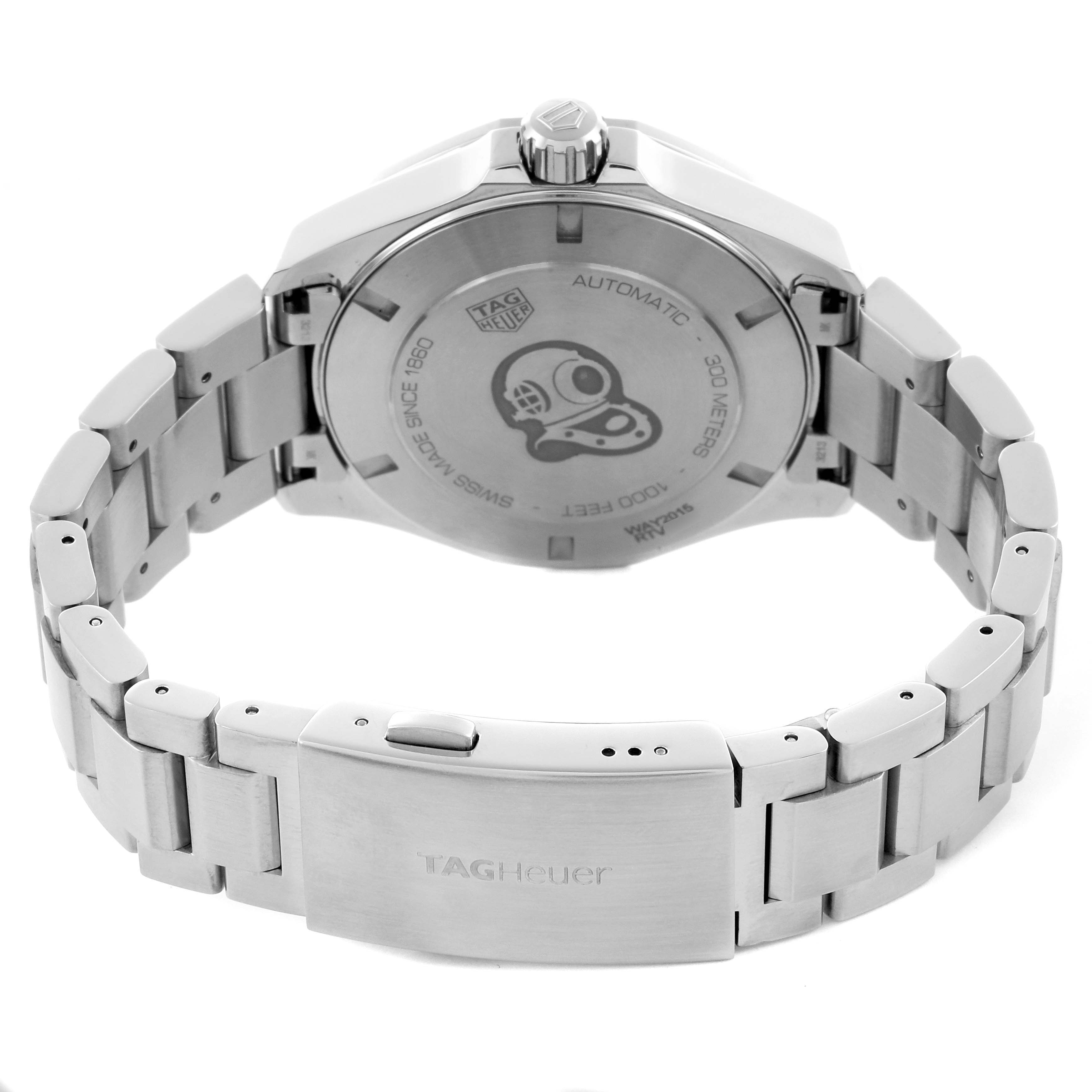 The image shows the back view of the Tag Heuer Aquaracer WAY2015.BA0927 Men's Stainless Steel Green Dial WAY2015.BA0927 Men's Stainless Steel Green Dial, highlighting the case back and bracelet clasp.