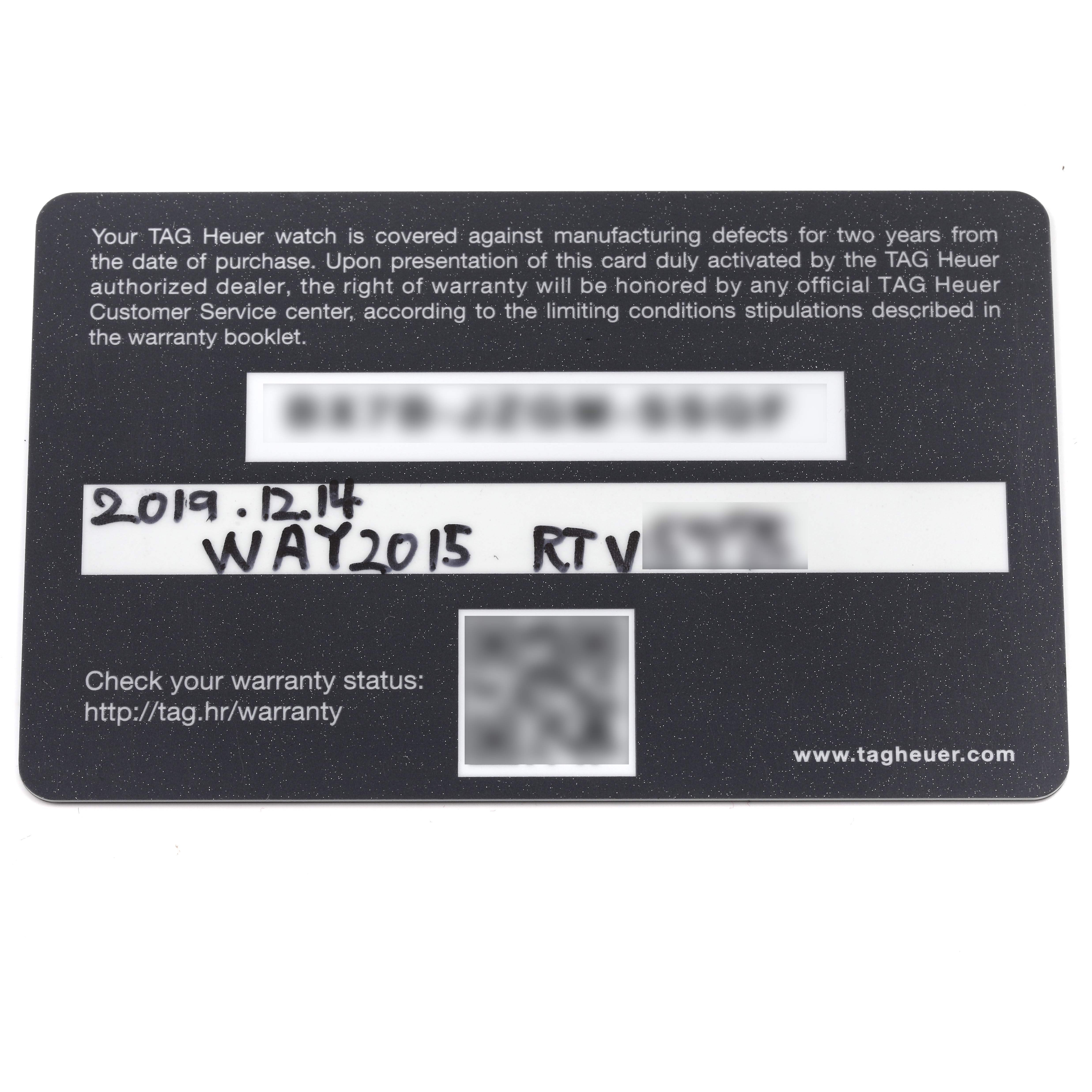 This image shows a warranty card for the Tag Heuer Aquaracer WAY2015.BA0927 Men's Stainless Steel Green Dial WAY2015.BA0927 Men's Stainless Steel Green Dial model, featuring handwritten details.