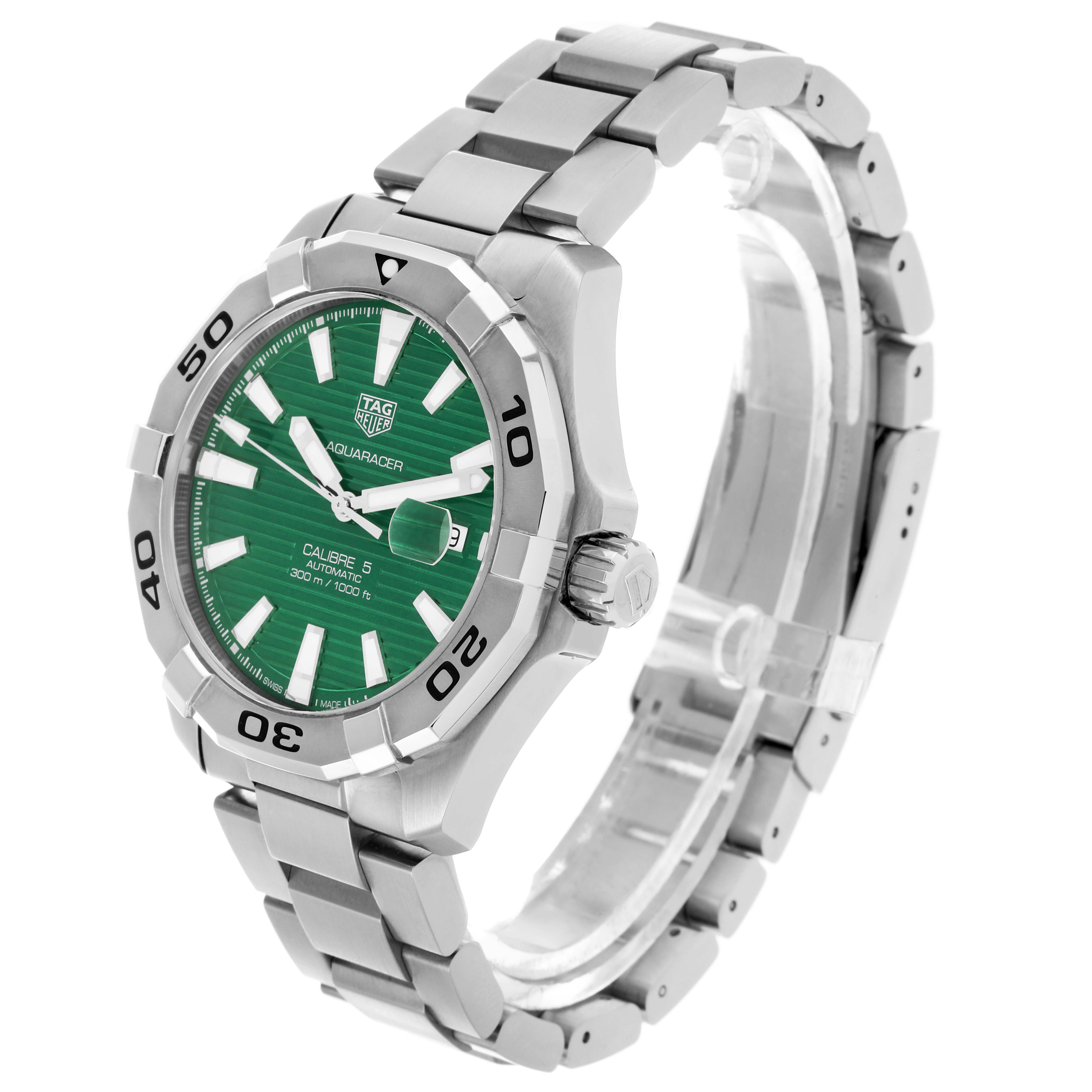 The Tag Heuer Aquaracer WAY2015.BA0927 Men's Stainless Steel Green Dial WAY2015.BA0927 Men's Stainless Steel Green Dial watch is shown at an angled side view, displaying its bracelet, bezel, and green dial.