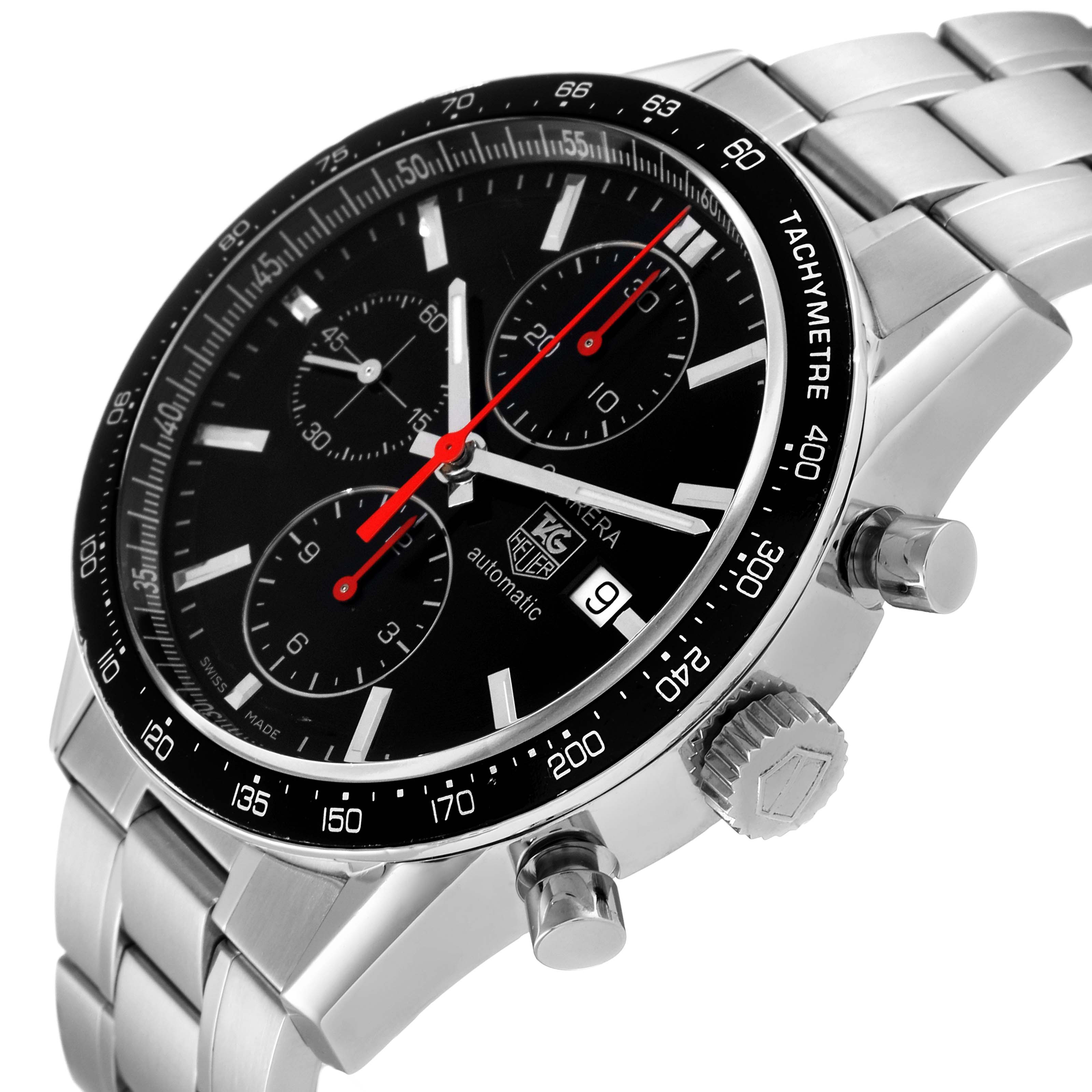 The image shows a Tag Heuer Carrera CV2014 Men's Stainless Steel Black Dial CV2014 Men's Stainless Steel Black Dial model watch at an angle highlighting the dial, bezel, crown, and bracelet.