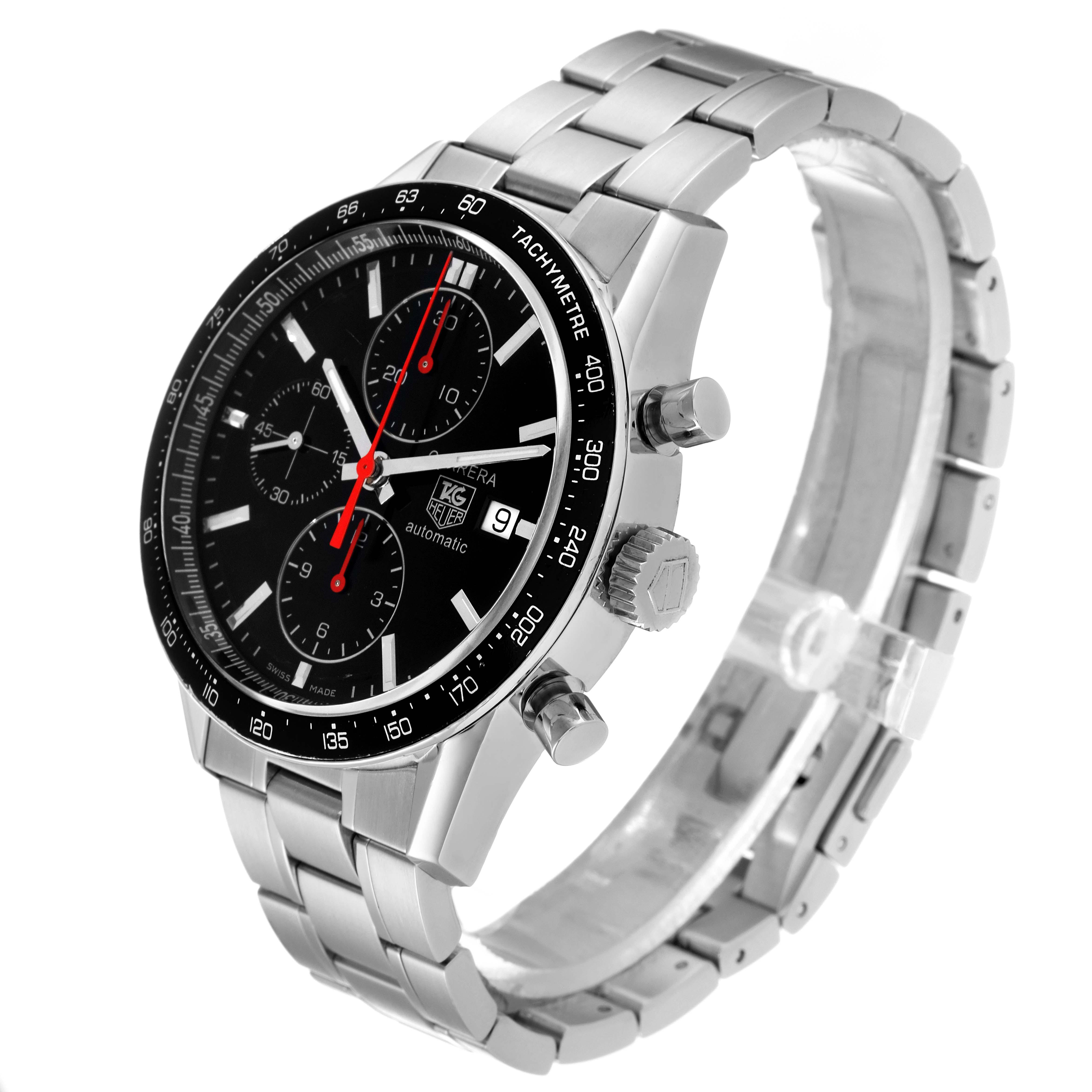 The image shows a side angle of the Tag Heuer Carrera CV2014 Men's Stainless Steel Black Dial CV2014 Men's Stainless Steel Black Dial watch, highlighting the bezel, crown, pushers, and stainless steel band.