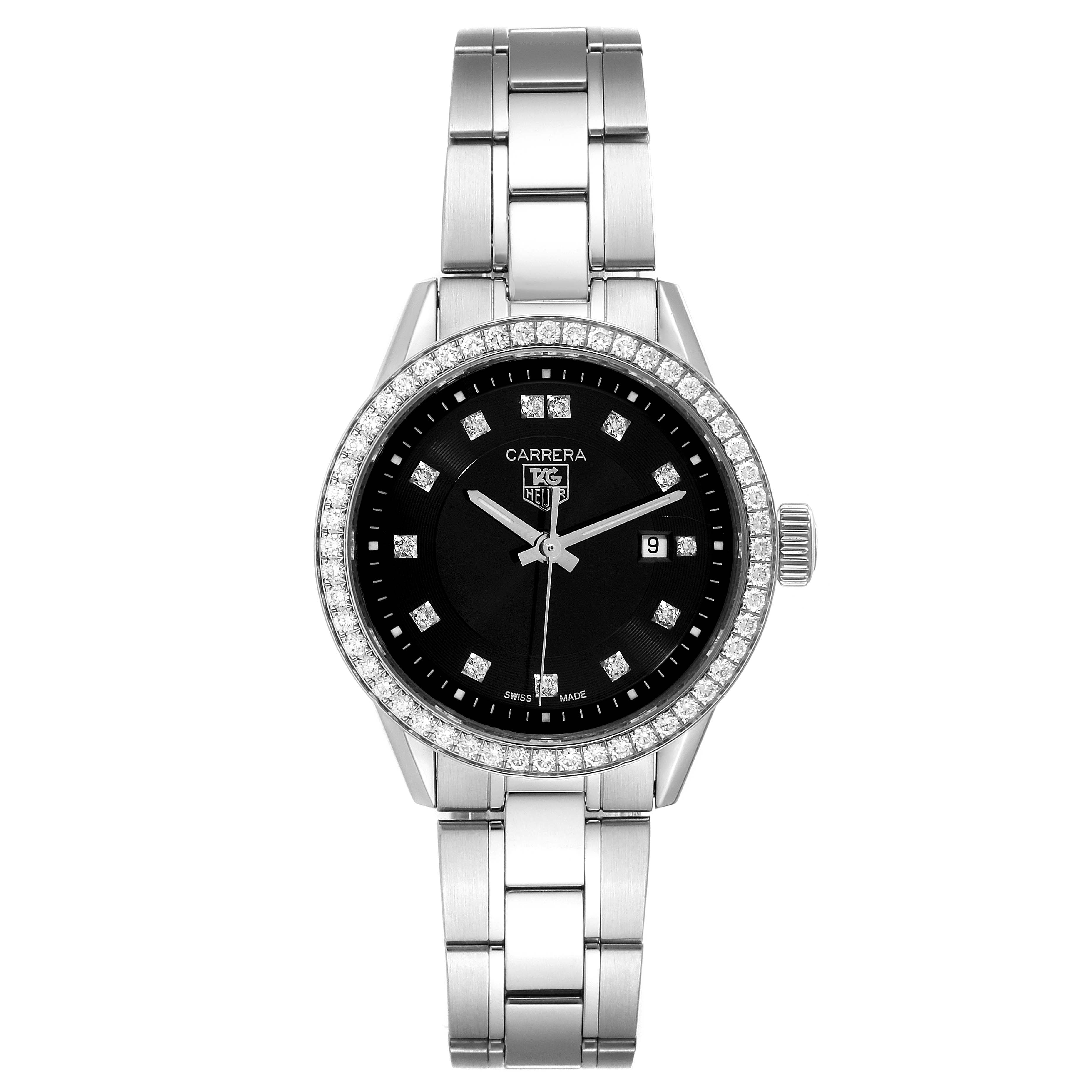 The image shows a front view of the Tag Heuer Carrera WV1412 Women's Stainless Steel Black Dial WV1412 Women's Stainless Steel Black Dial model watch, featuring its face, bezel, and bracelet.