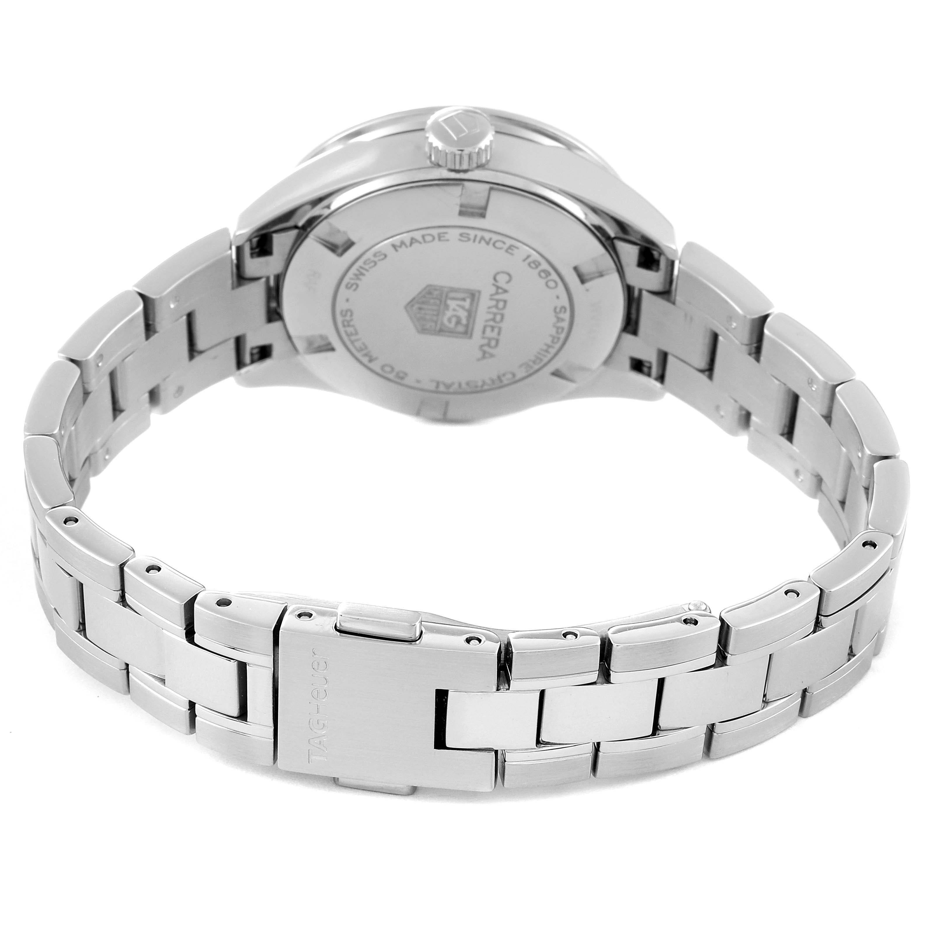 The image shows the back case and stainless steel bracelet of a Tag Heuer Carrera WV1412 Women's Stainless Steel Black Dial WV1412 Women's Stainless Steel Black Dial watch from a rear angle.