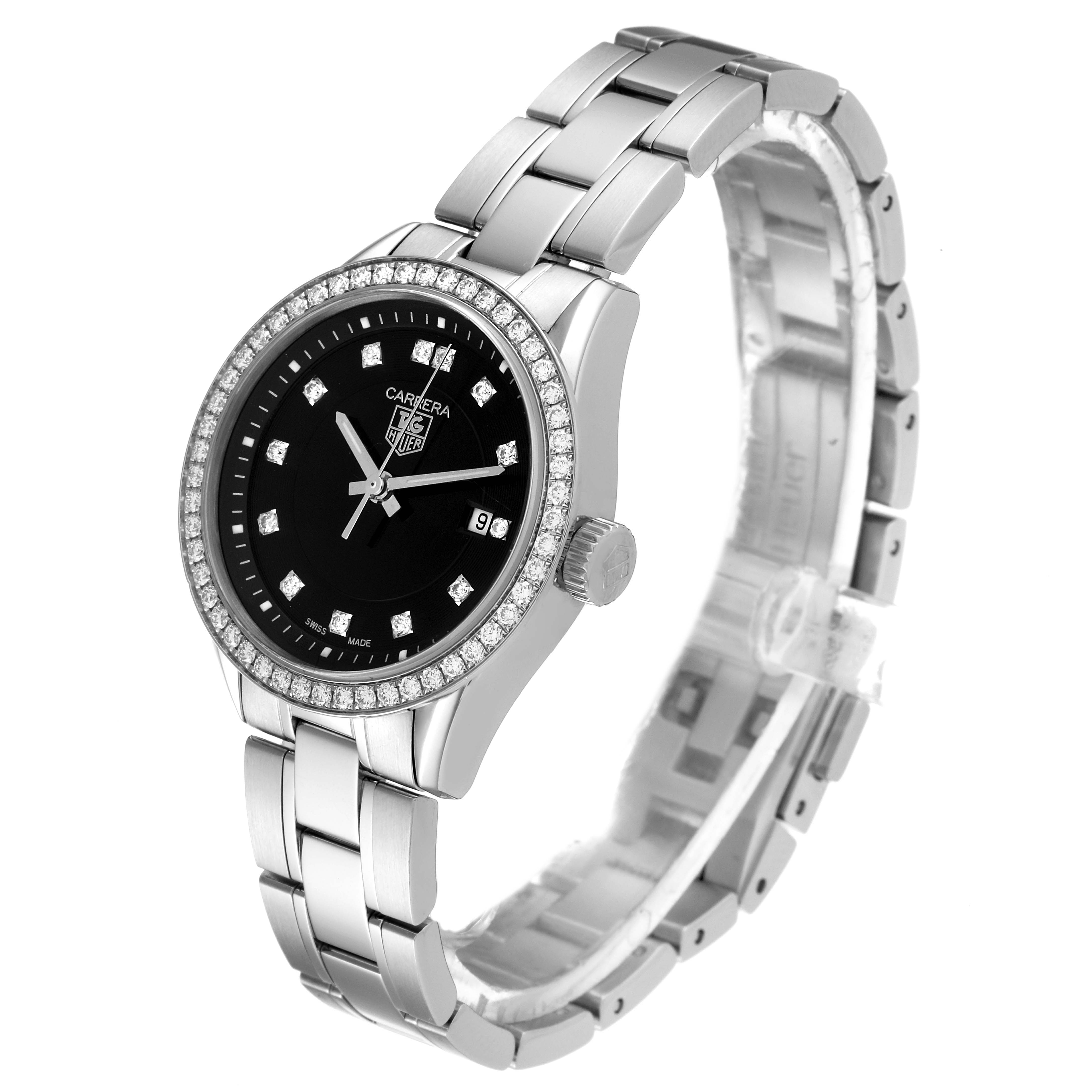 The Carrera model by Tag Heuer is shown at a three-quarter angle displaying the face, bezel, crown, and bracelet.