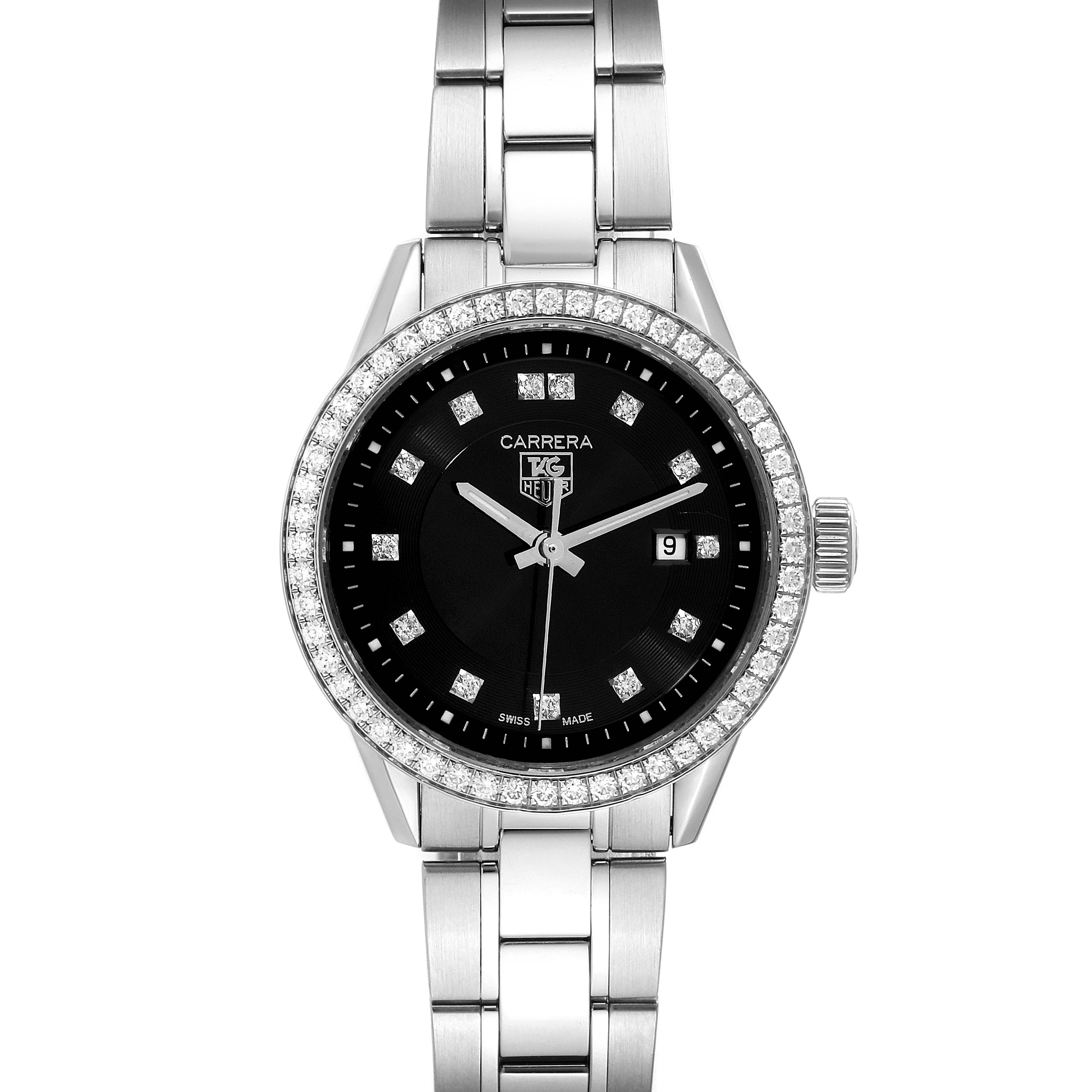 The image shows a front view of the Tag Heuer Carrera WV1412 Women's Stainless Steel Black Dial WV1412 Women's Stainless Steel Black Dial model watch with a metal bracelet and a diamond-studded bezel.