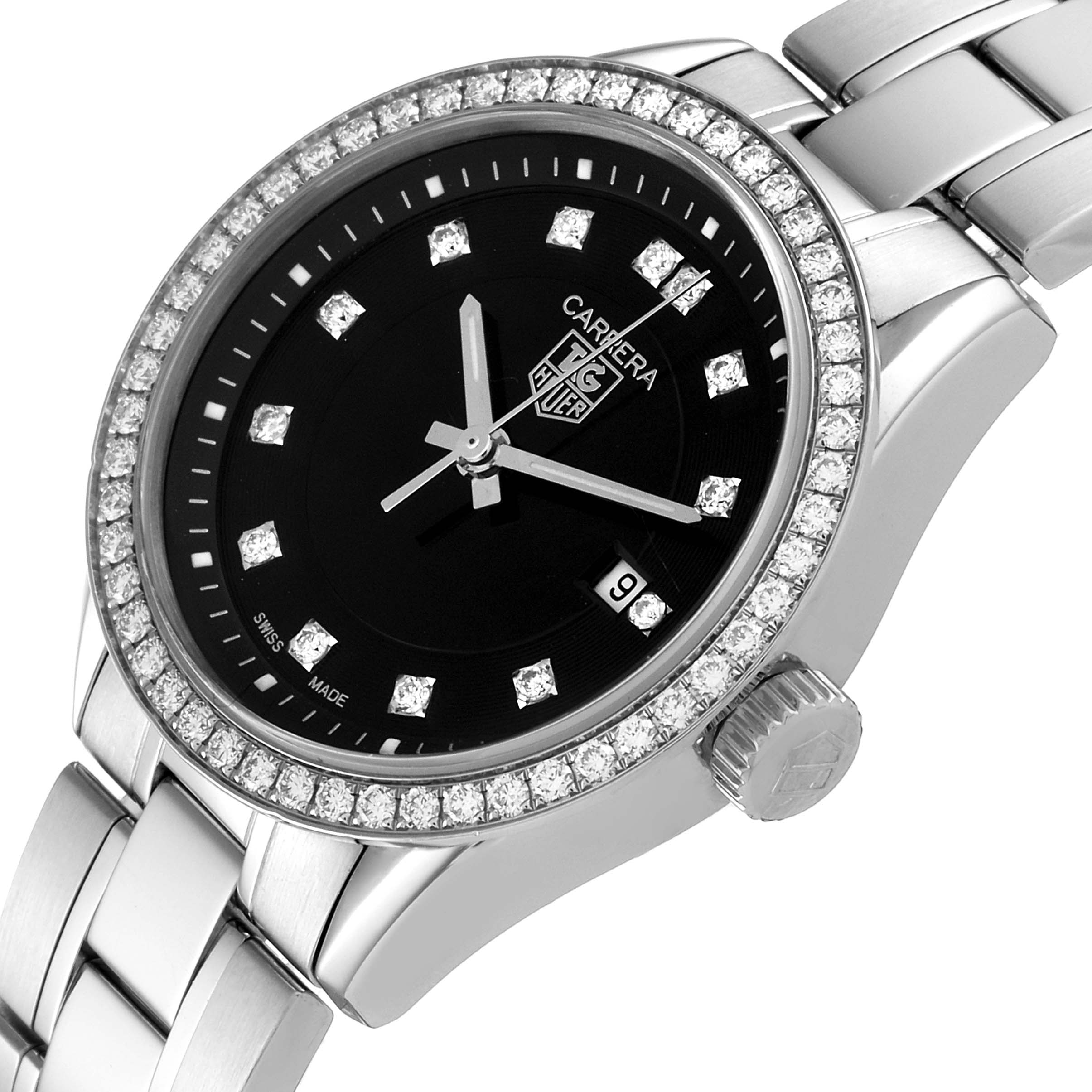 The image shows a Tag Heuer Carrera WV1412 Women's Stainless Steel Black Dial WV1412 Women's Stainless Steel Black Dial watch angled slightly from the front, highlighting its black face, diamond bezel, bracelet, and crown.