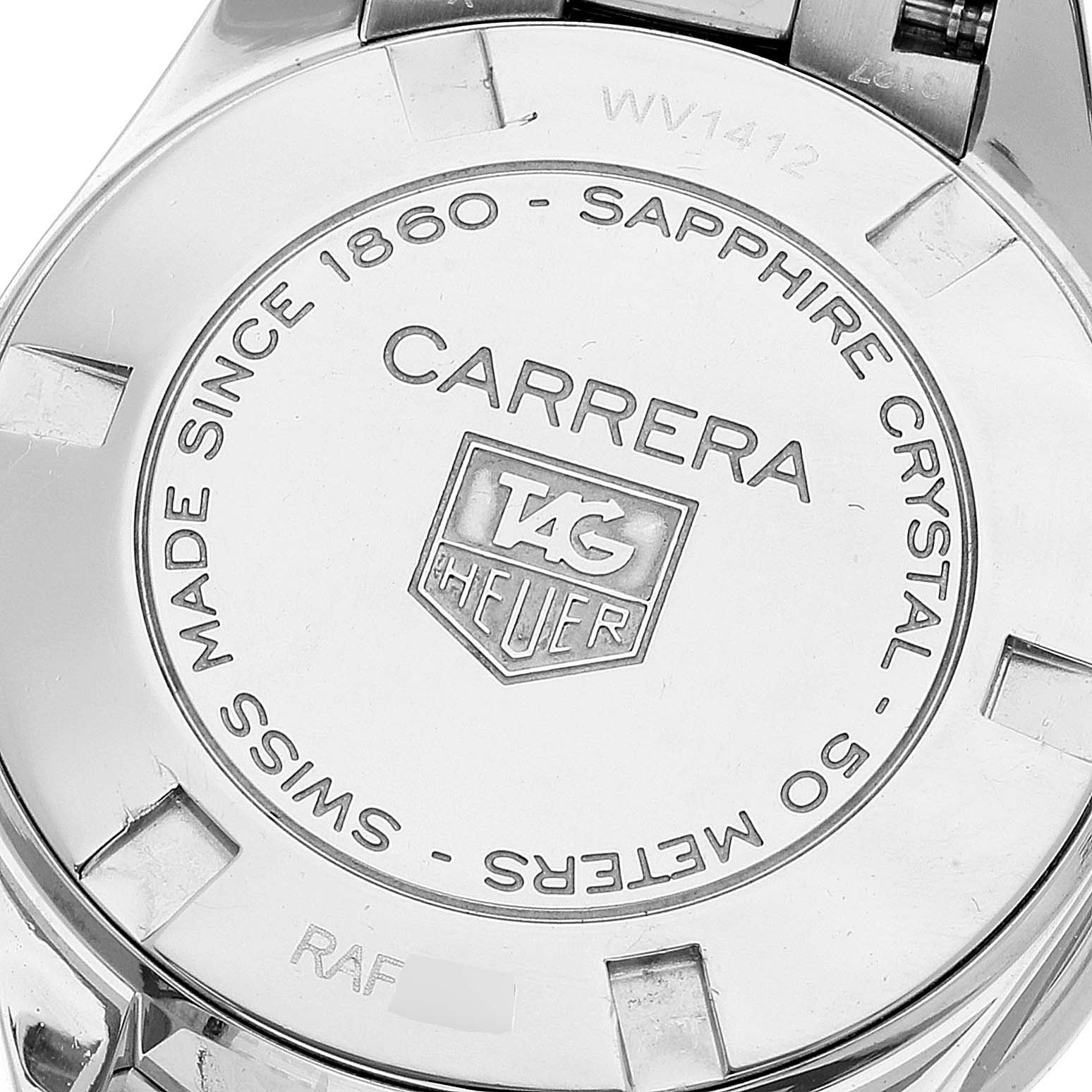 The image shows the back case of a Tag Heuer Carrera WV1412 Women's Stainless Steel Black Dial WV1412 Women's Stainless Steel Black Dial watch, highlighting the engravings and branding.