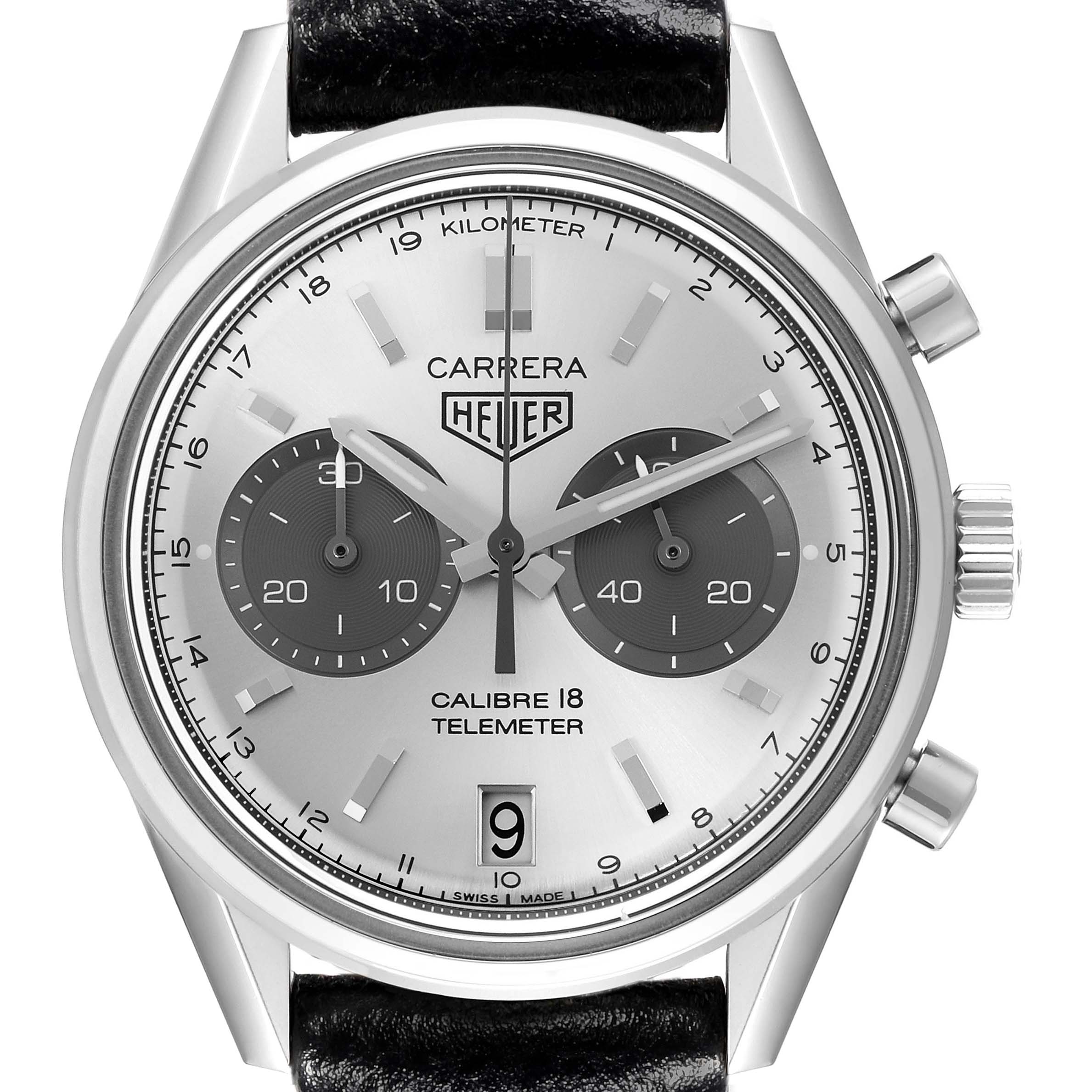 The Tag Heuer Carrera CAR221A.FC6353 Men's Stainless Steel White Dial CAR221A.FC6353 Men's Stainless Steel White Dial watch is shown from a front angle, displaying the dial, chronograph subdials, and date window.