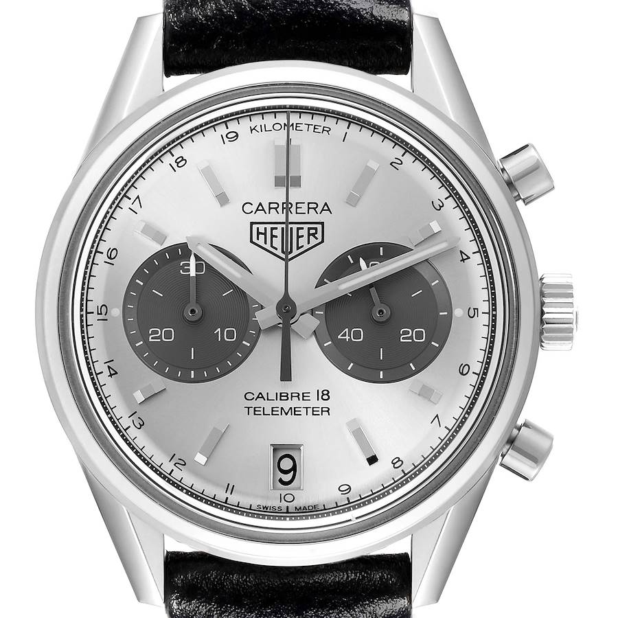 The Tag Heuer Carrera watch is shown from a front angle, displaying the dial, chronograph subdials, and date window.