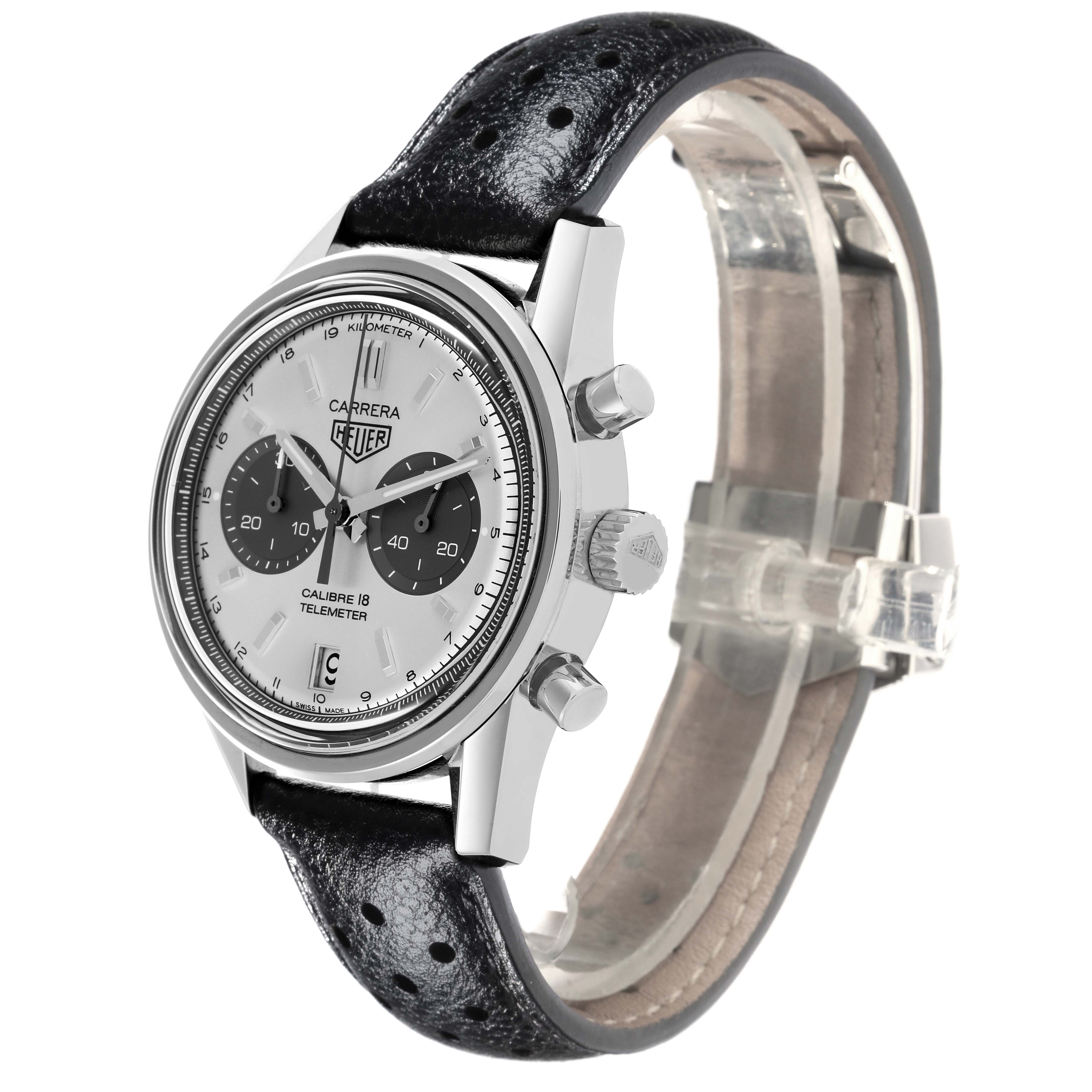 The Tag Heuer Carrera CAR221A.FC6353 Men's Stainless Steel White Dial CAR221A.FC6353 Men's Stainless Steel White Dial watch is shown at a three-quarter angle, displaying the dial, case, crown, pushers, and leather strap.