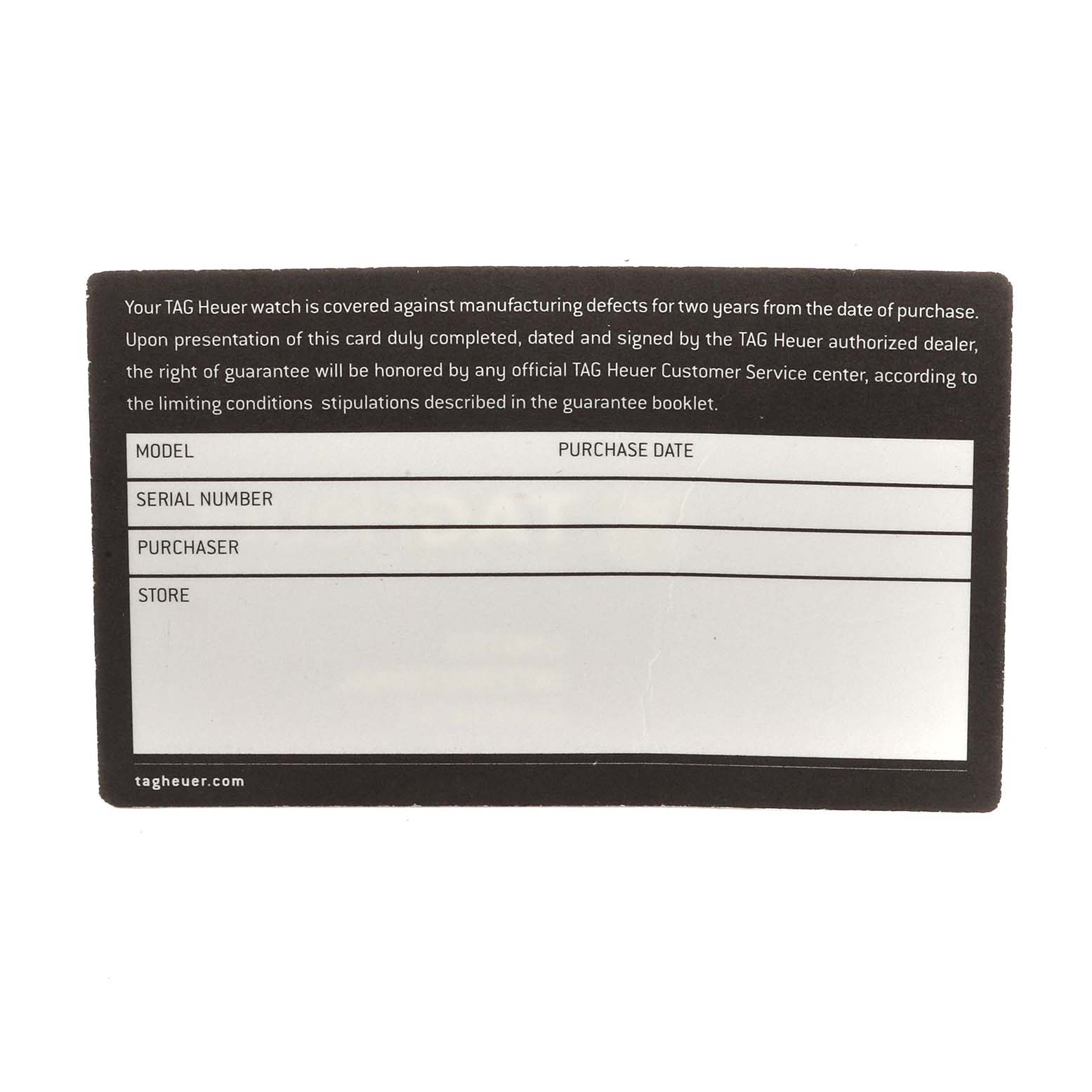 The image shows a warranty card for the Tag Heuer Carrera CAR221A.FC6353 Men's Stainless Steel White Dial CAR221A.FC6353 Men's Stainless Steel White Dial model with fields for model, serial number, and purchaser details.