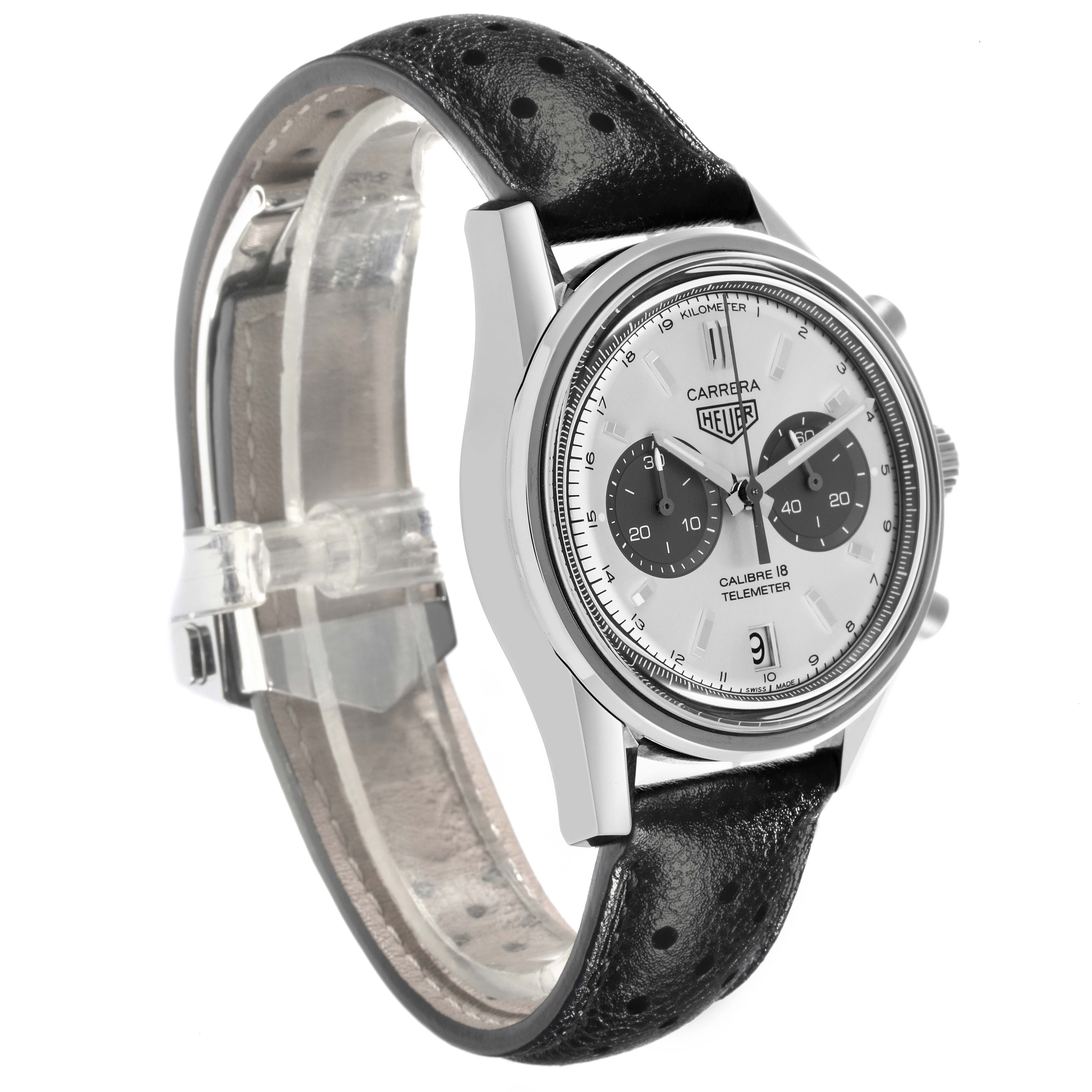 The Tag Heuer Carrera CAR221A.FC6353 Men's Stainless Steel White Dial CAR221A.FC6353 Men's Stainless Steel White Dial watch is shown at a three-quarter angle, highlighting the face, case, and leather strap.