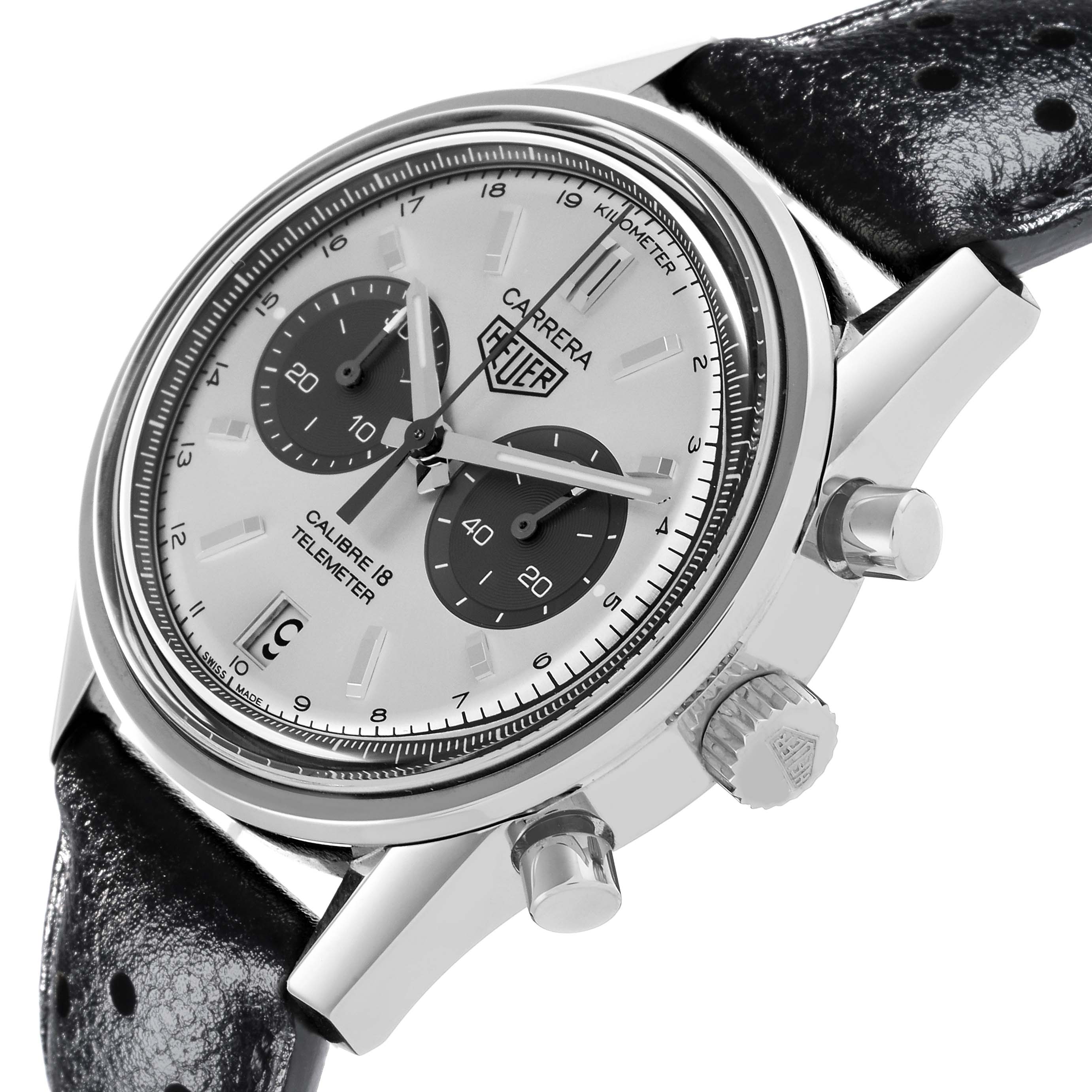 The Tag Heuer Carrera CAR221A.FC6353 Men's Stainless Steel White Dial CAR221A.FC6353 Men's Stainless Steel White Dial watch is shown at an angled close-up, highlighting the dial, crown, and pushers.