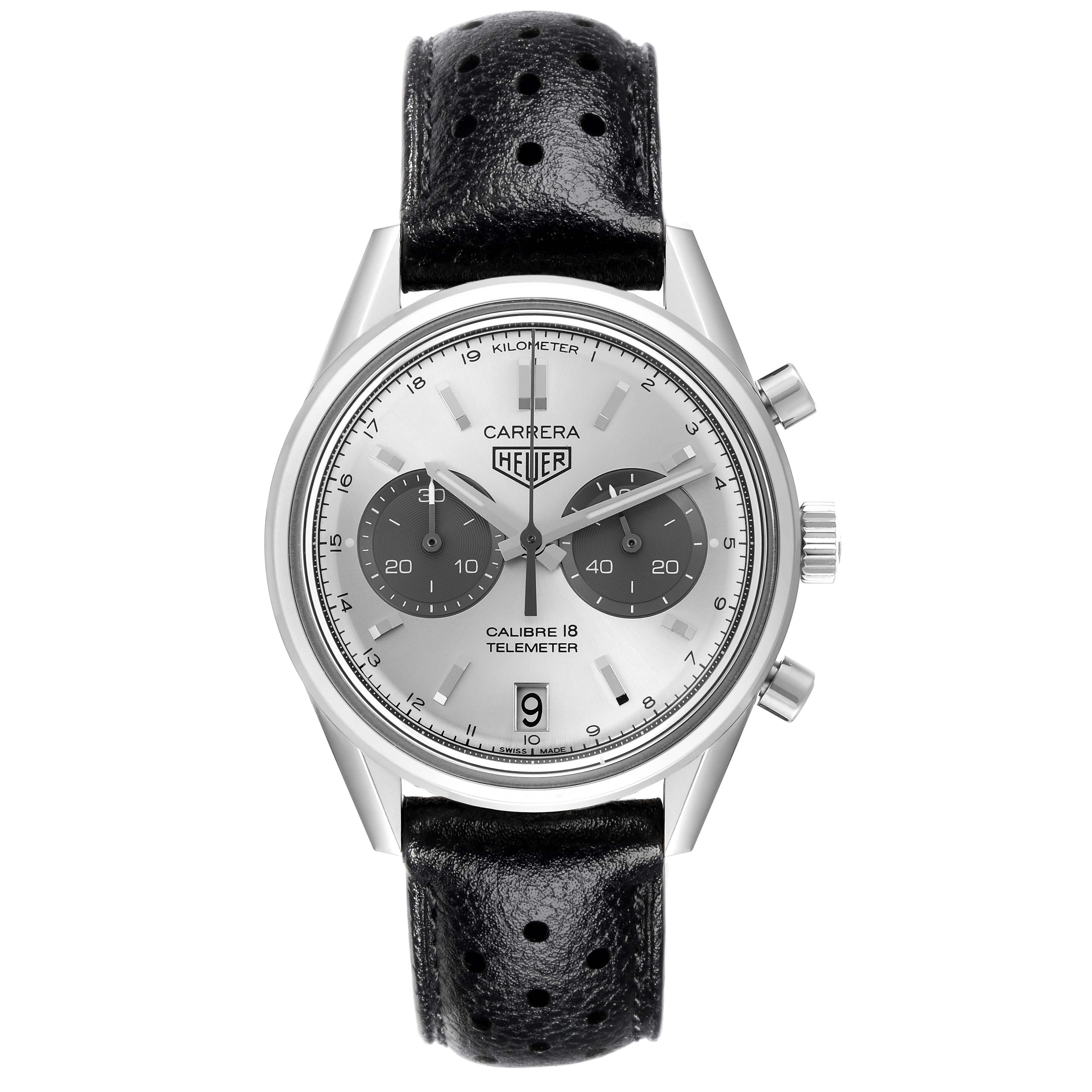 The Tag Heuer Carrera CAR221A.FC6353 Men's Stainless Steel White Dial CAR221A.FC6353 Men's Stainless Steel White Dial watch is shown from a front view, displaying its dial, case, hands, subdials, and leather strap.