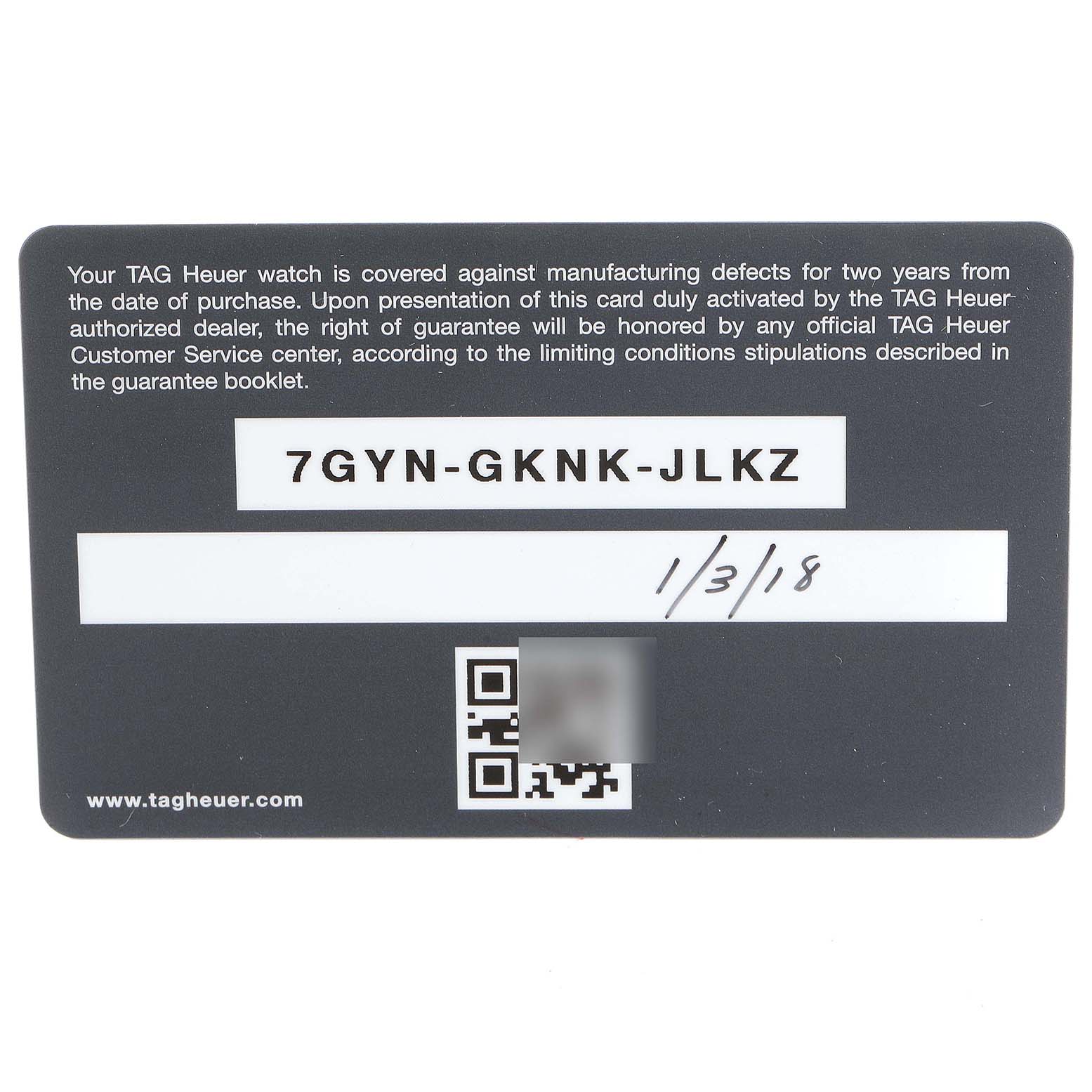 The image shows the warranty card for a Carrera model by Tag Heuer, displaying the serial number and purchase date.