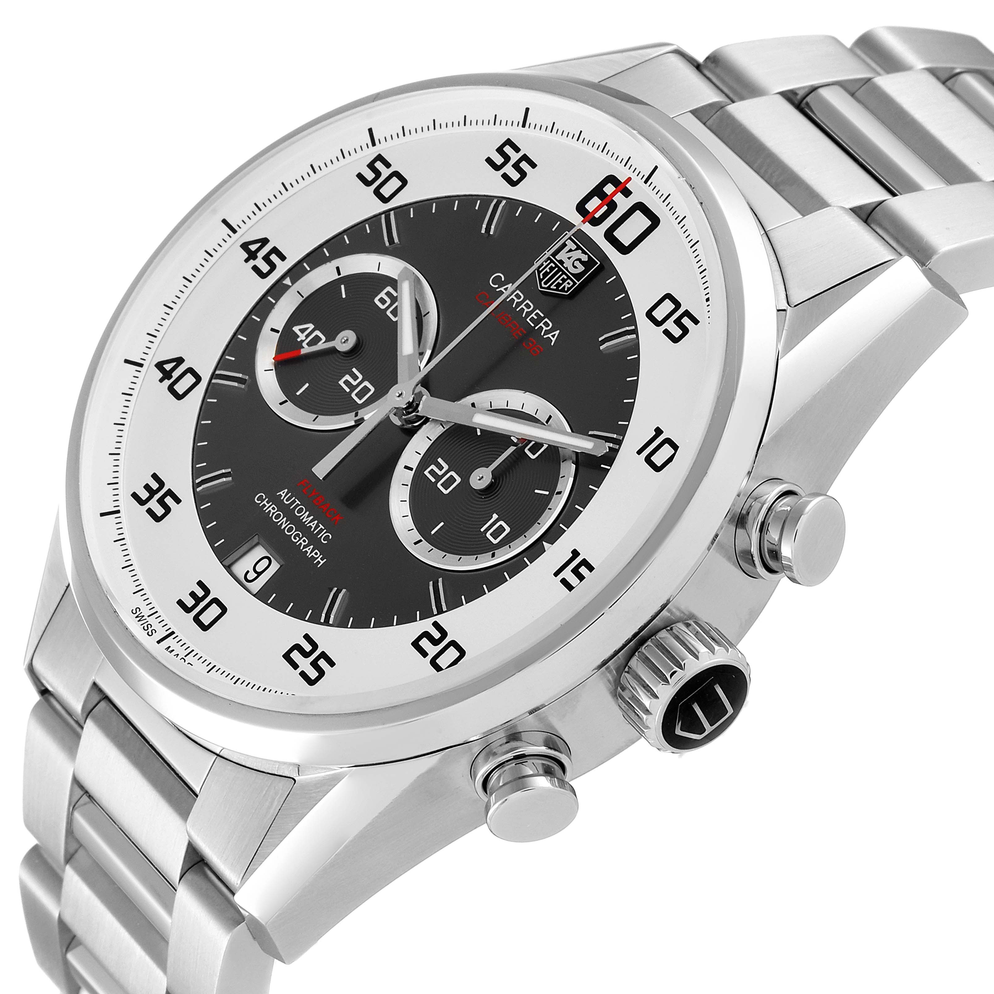 The image shows a Tag Heuer Carrera CAR2B11.BA0799 Men's Stainless Steel Grey Dial CAR2B11.BA0799 Men's Stainless Steel Grey Dial watch from an angle highlighting its dial, bezel, crown, and chronograph pushers.