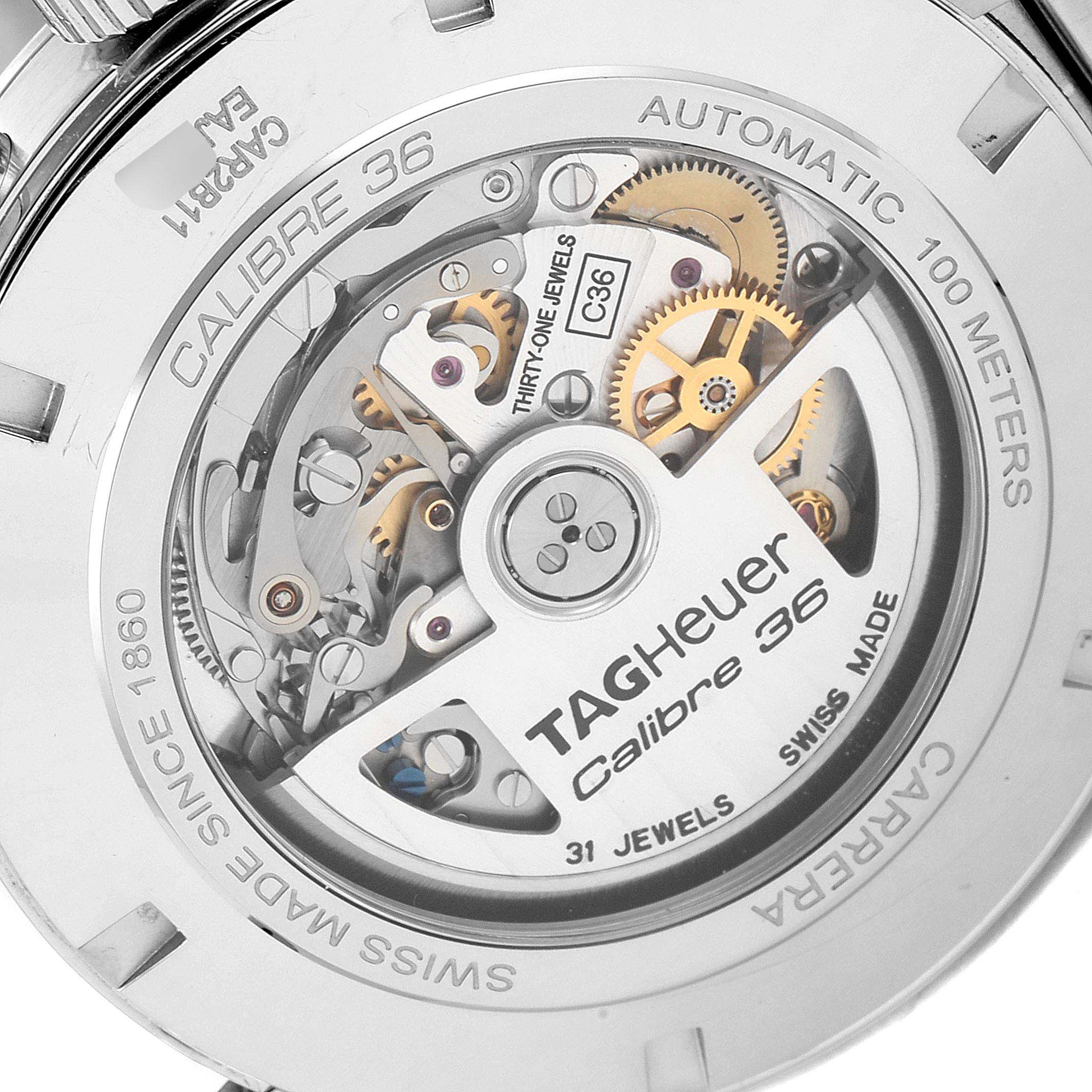 The image shows the back of the Tag Heuer Carrera CAR2B11.BA0799 Men's Stainless Steel Grey Dial CAR2B11.BA0799 Men's Stainless Steel Grey Dial watch, focusing on its Calibre 36 automatic movement.