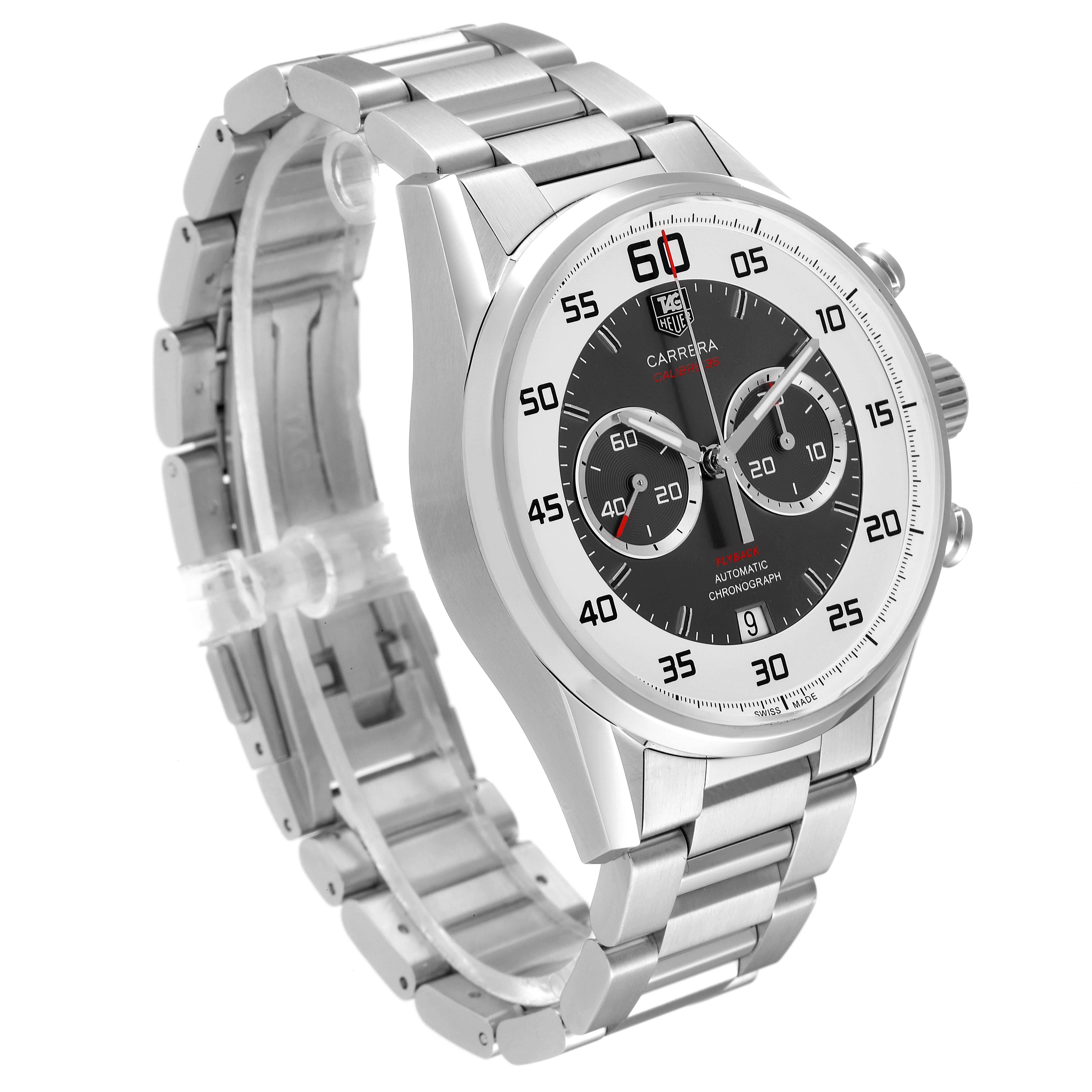 The image shows a side angle of a Tag Heuer Carrera CAR2B11.BA0799 Men's Stainless Steel Grey Dial CAR2B11.BA0799 Men's Stainless Steel Grey Dial watch, highlighting its stainless steel case, black dial, and metal bracelet.