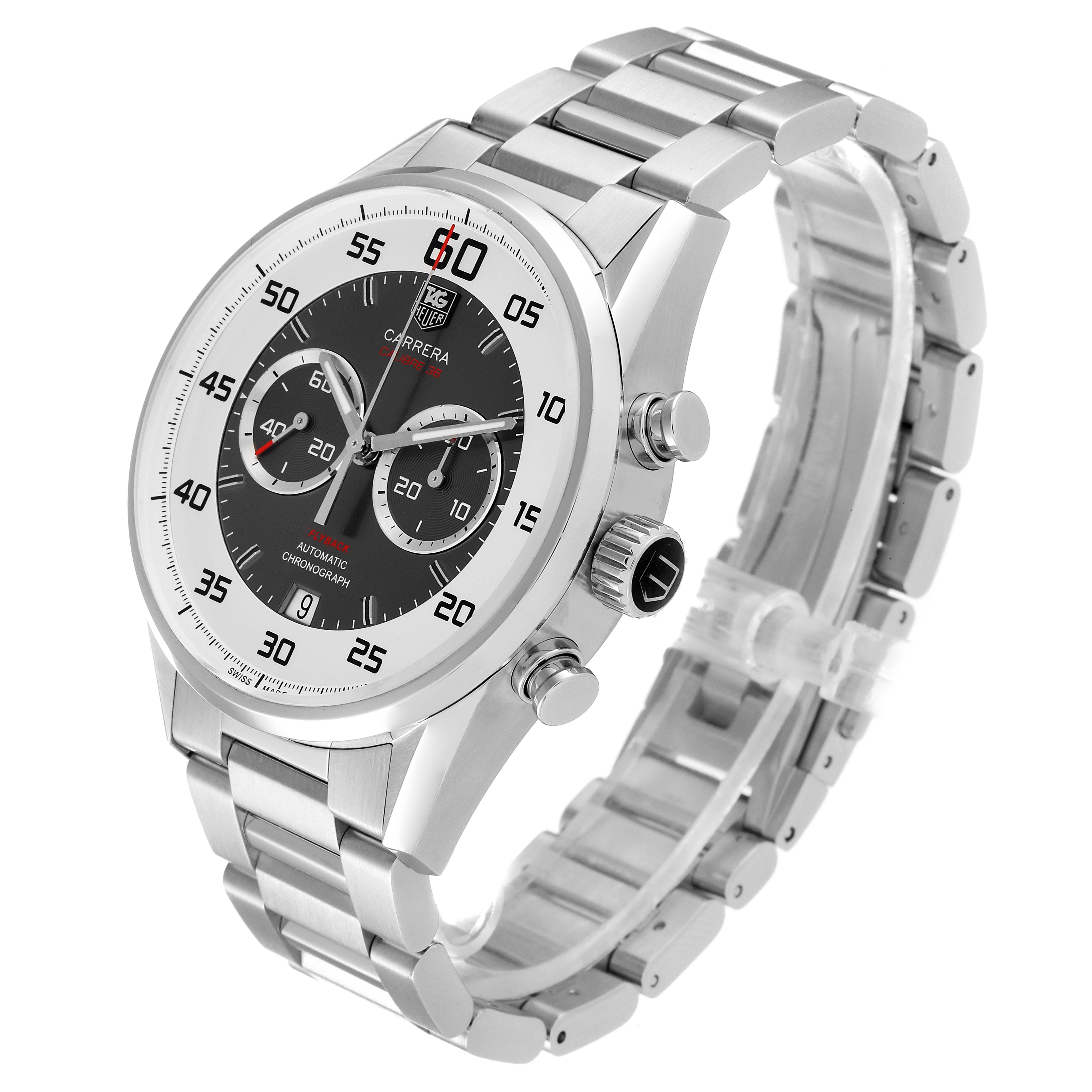 The Tag Heuer Carrera CAR2B11.BA0799 Men's Stainless Steel Grey Dial CAR2B11.BA0799 Men's Stainless Steel Grey Dial watch is shown from a three-quarter angle, highlighting the face, bezel, crown, and stainless steel bracelet.