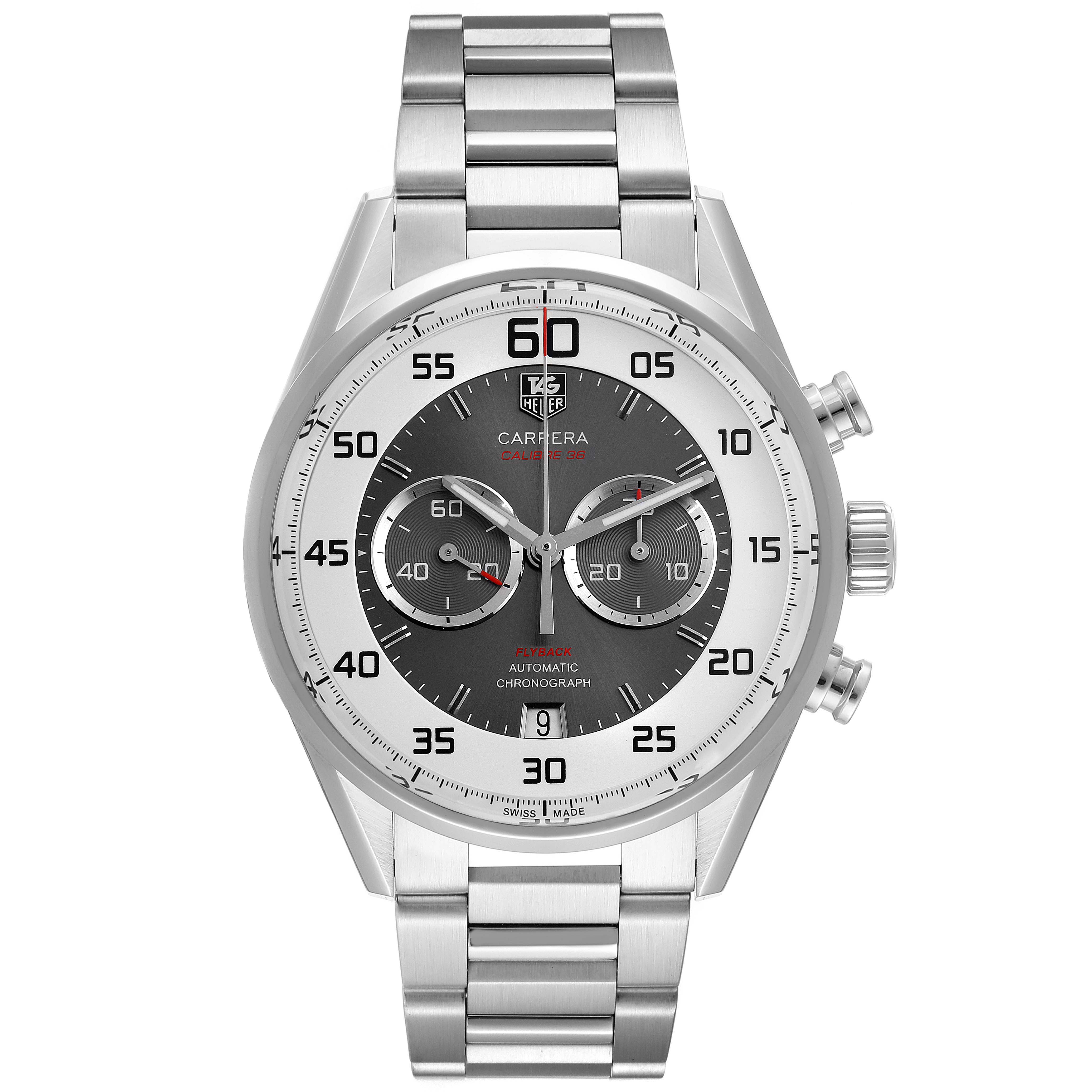 The image shows a front view of a Tag Heuer Carrera CAR2B11.BA0799 Men's Stainless Steel Grey Dial CAR2B11.BA0799 Men's Stainless Steel Grey Dial watch displaying its dial, chronograph subdials, bezel, case, and metal bracelet.