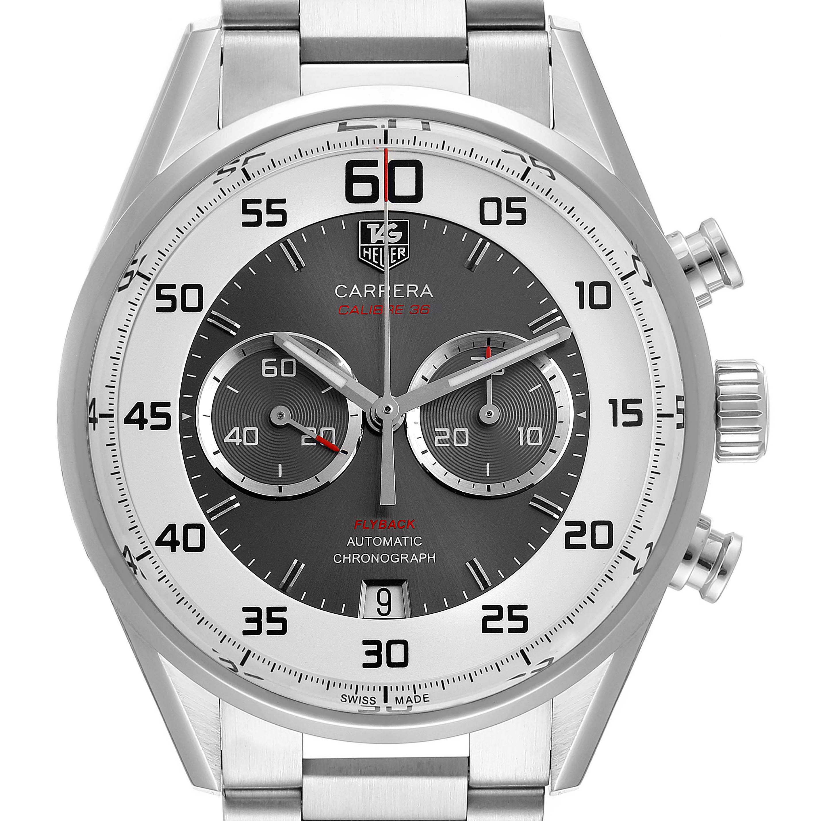 The image shows a front view of a Tag Heuer Carrera CAR2B11.BA0799 Men's Stainless Steel Grey Dial CAR2B11.BA0799 Men's Stainless Steel Grey Dial model watch detailing its face, chronograph subdials, and stainless steel bracelet.