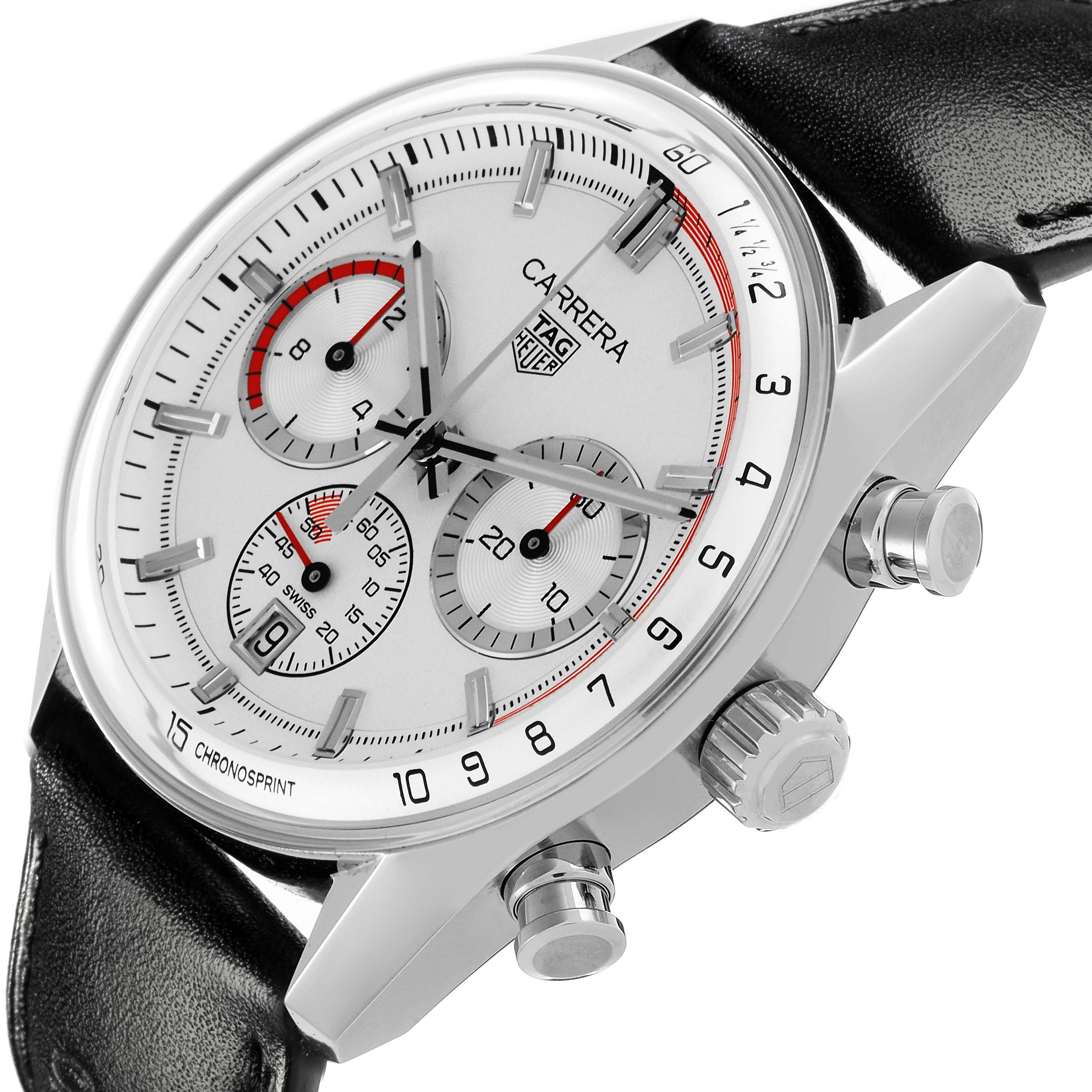 The image shows a Tag Heuer Carrera CBS2011.FC6529 Men's Stainless Steel Silver Dial CBS2011.FC6529 Men's Stainless Steel Silver Dial watch at a three-quarter angle, highlighting its face, subdials, case, crown, and pushers.
