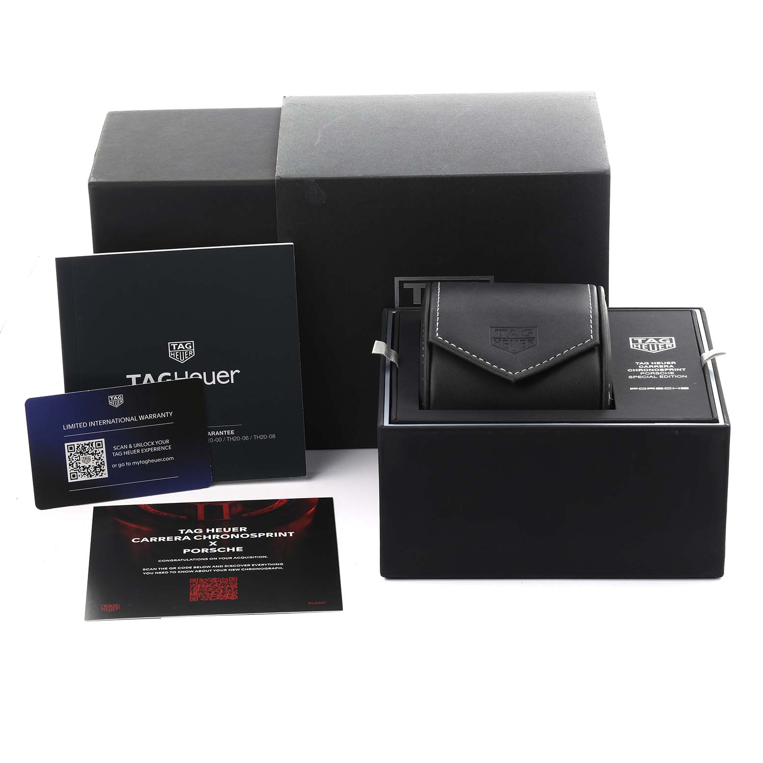 The image shows the packaging and accessories for a Tag Heuer Carrera CBS2011.FC6529 Men's Stainless Steel Silver Dial CBS2011.FC6529 Men's Stainless Steel Silver Dial watch, including boxes, a case, and documentation.