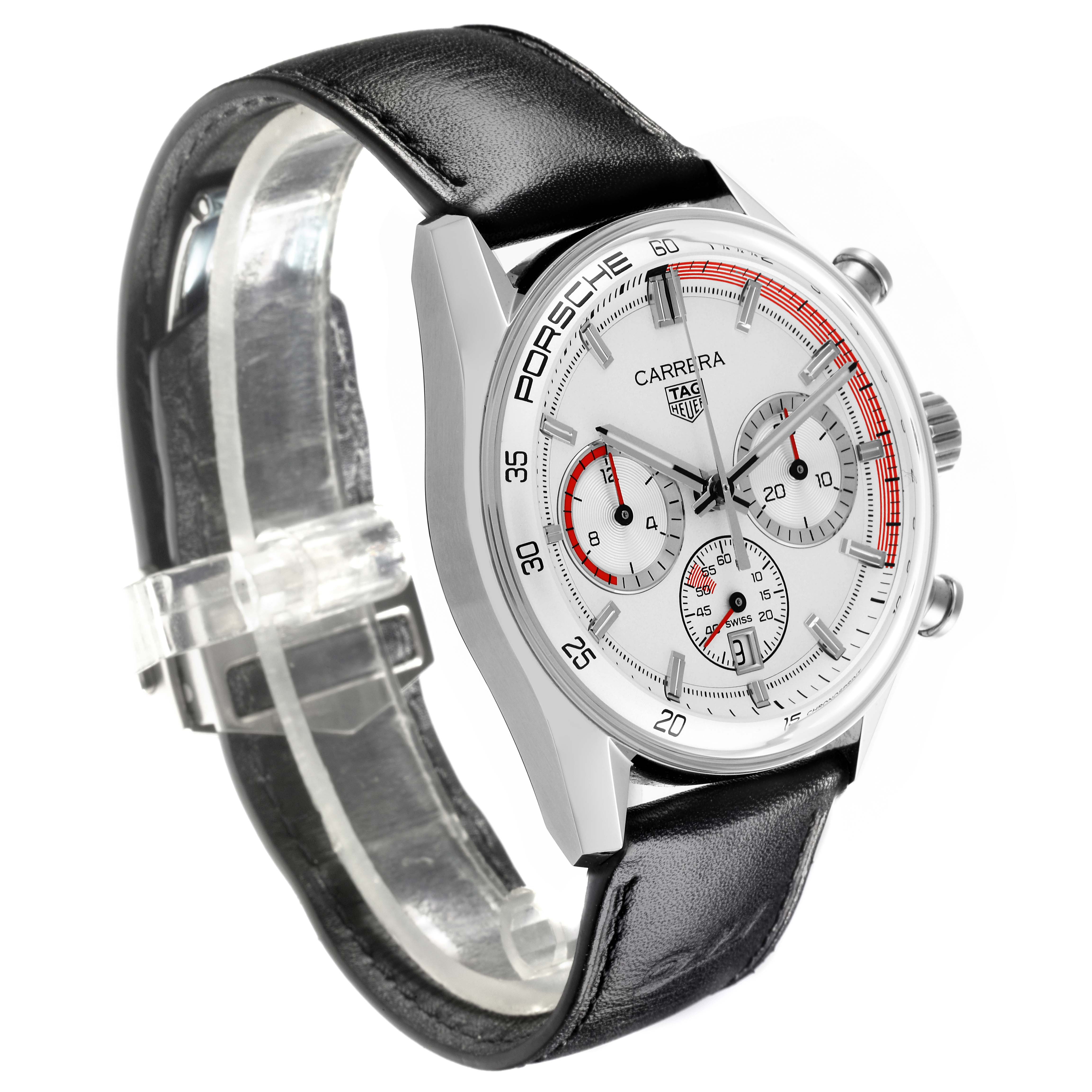 The Tag Heuer Carrera CBS2011.FC6529 Men's Stainless Steel Silver Dial CBS2011.FC6529 Men's Stainless Steel Silver Dial watch is shown at a three-quarter angle, highlighting its face, bezel, crown, and strap.