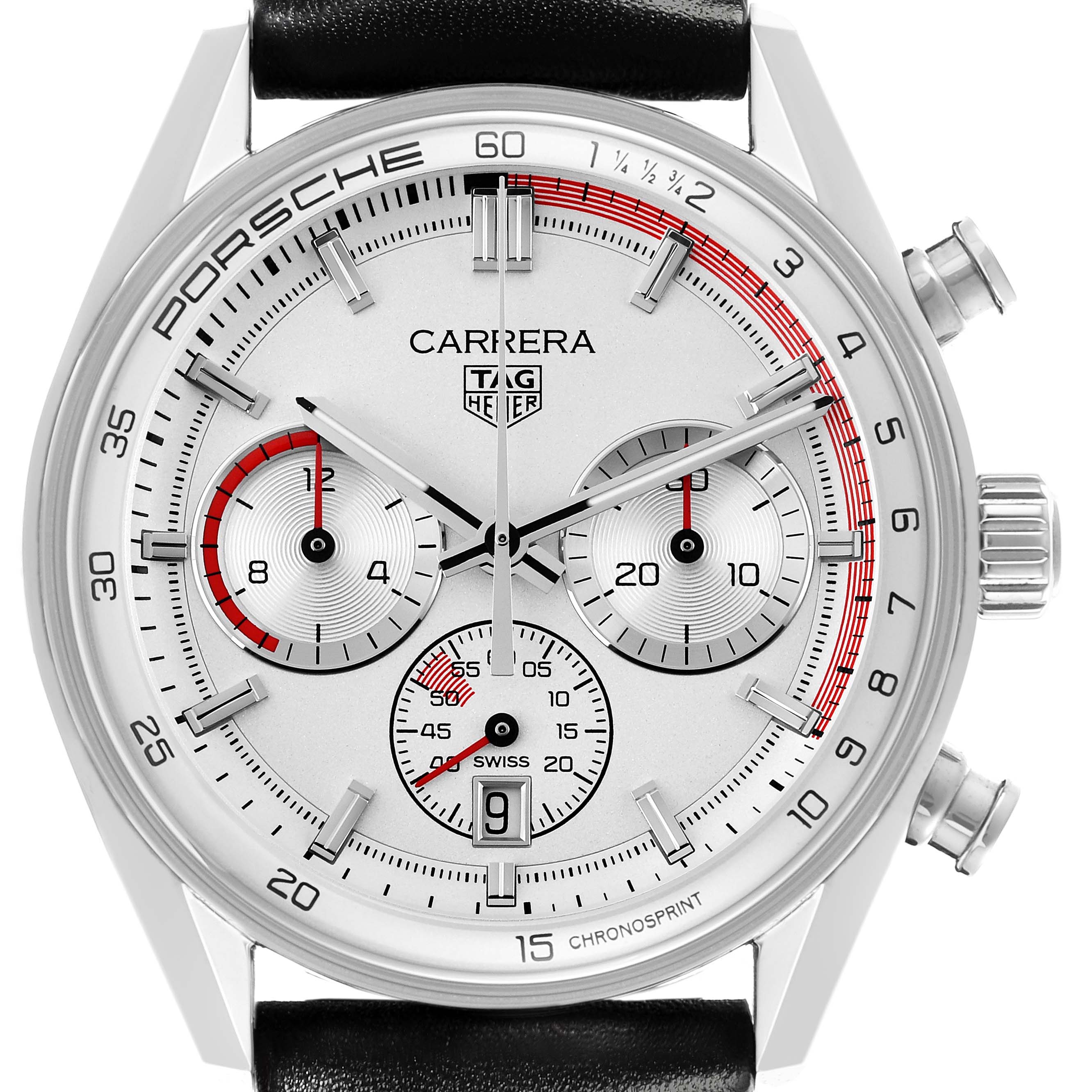 The Tag Heuer Carrera CBS2011.FC6529 Men's Stainless Steel Silver Dial CBS2011.FC6529 Men's Stainless Steel Silver Dial watch is shown from the front, displaying the dial, subdials, case, crown, and pushers.