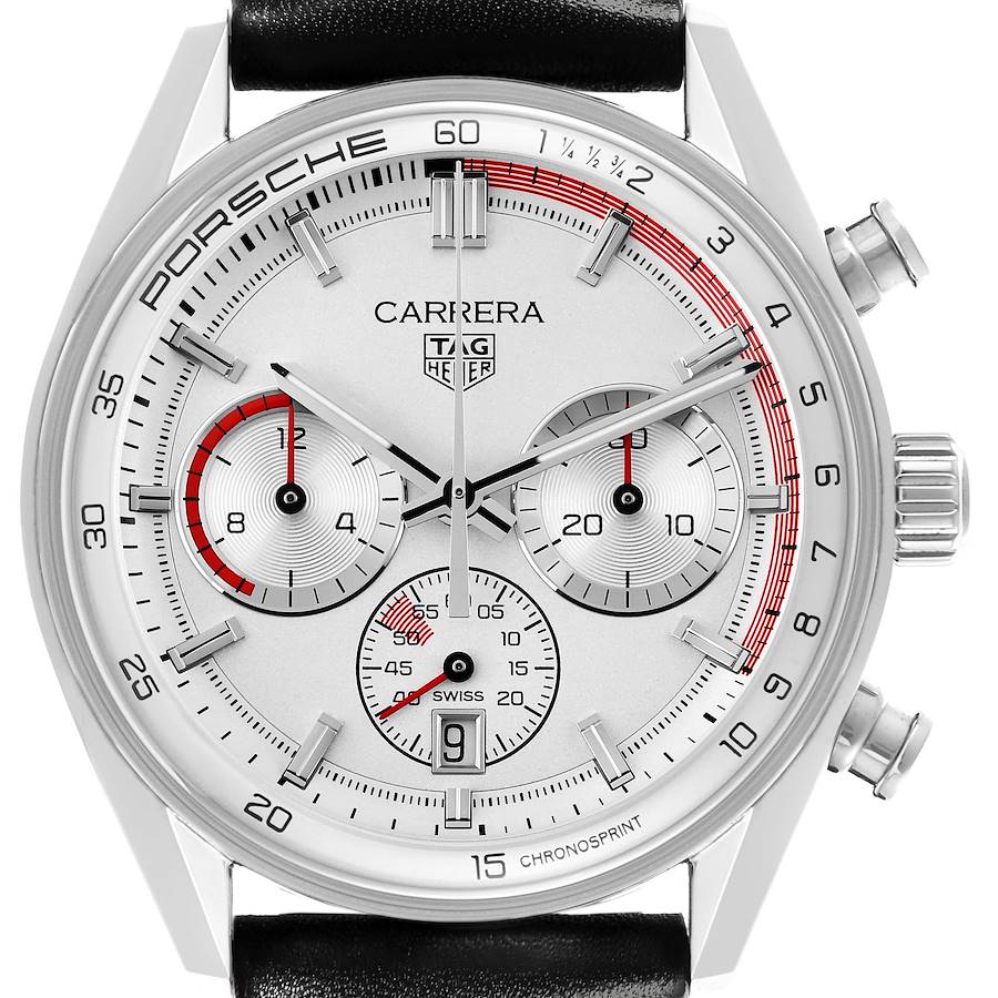 The Tag Heuer Carrera watch is shown from the front, displaying the dial, subdials, case, crown, and pushers.