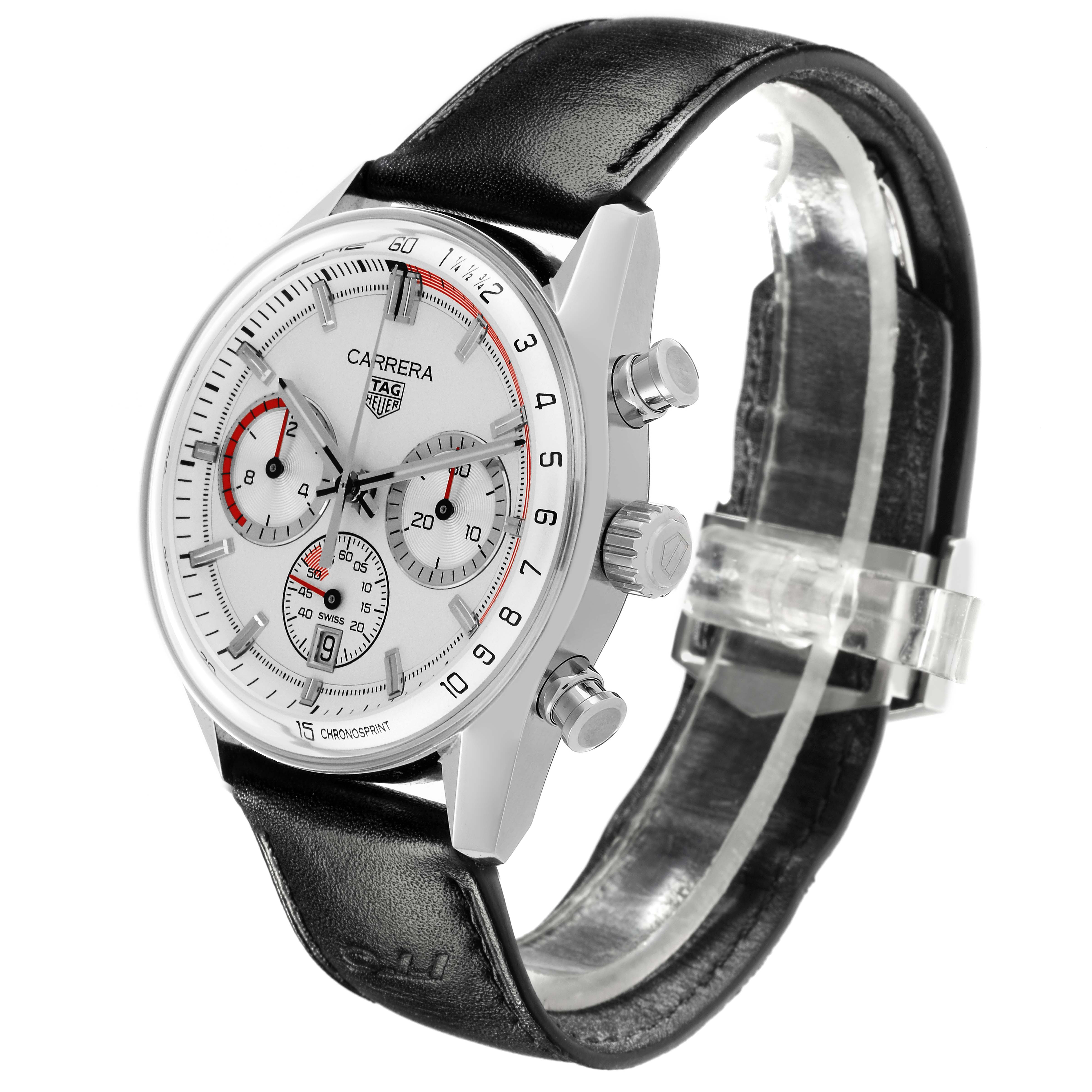 The Tag Heuer Carrera CBS2011.FC6529 Men's Stainless Steel Silver Dial CBS2011.FC6529 Men's Stainless Steel Silver Dial watch is shown at a three-quarter angle, highlighting the dial, bezel, pushers, and black leather strap.