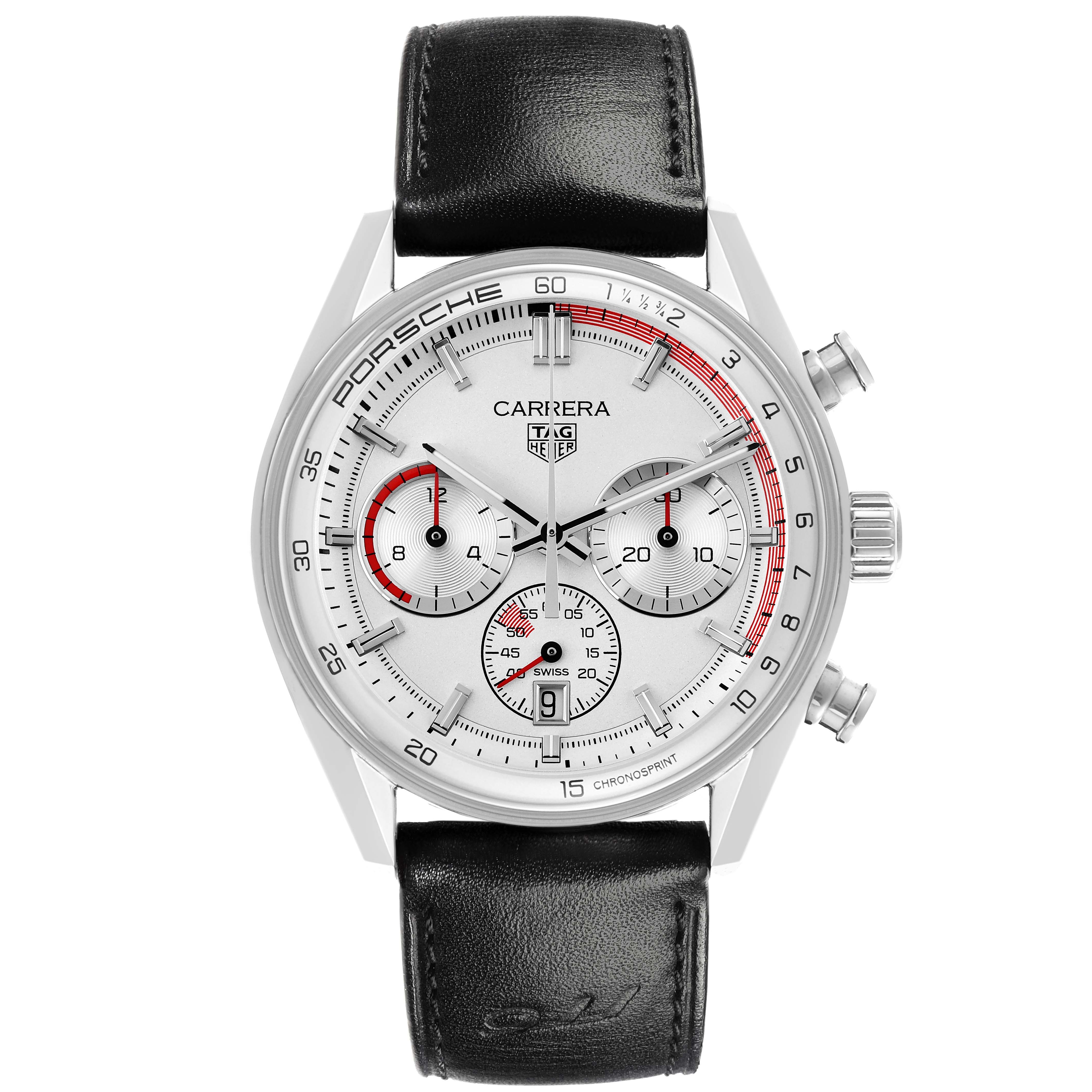 The Tag Heuer Carrera CBS2011.FC6529 Men's Stainless Steel Silver Dial CBS2011.FC6529 Men's Stainless Steel Silver Dial watch is shown from a front angle, displaying the face, case, chrono dials, and leather strap.