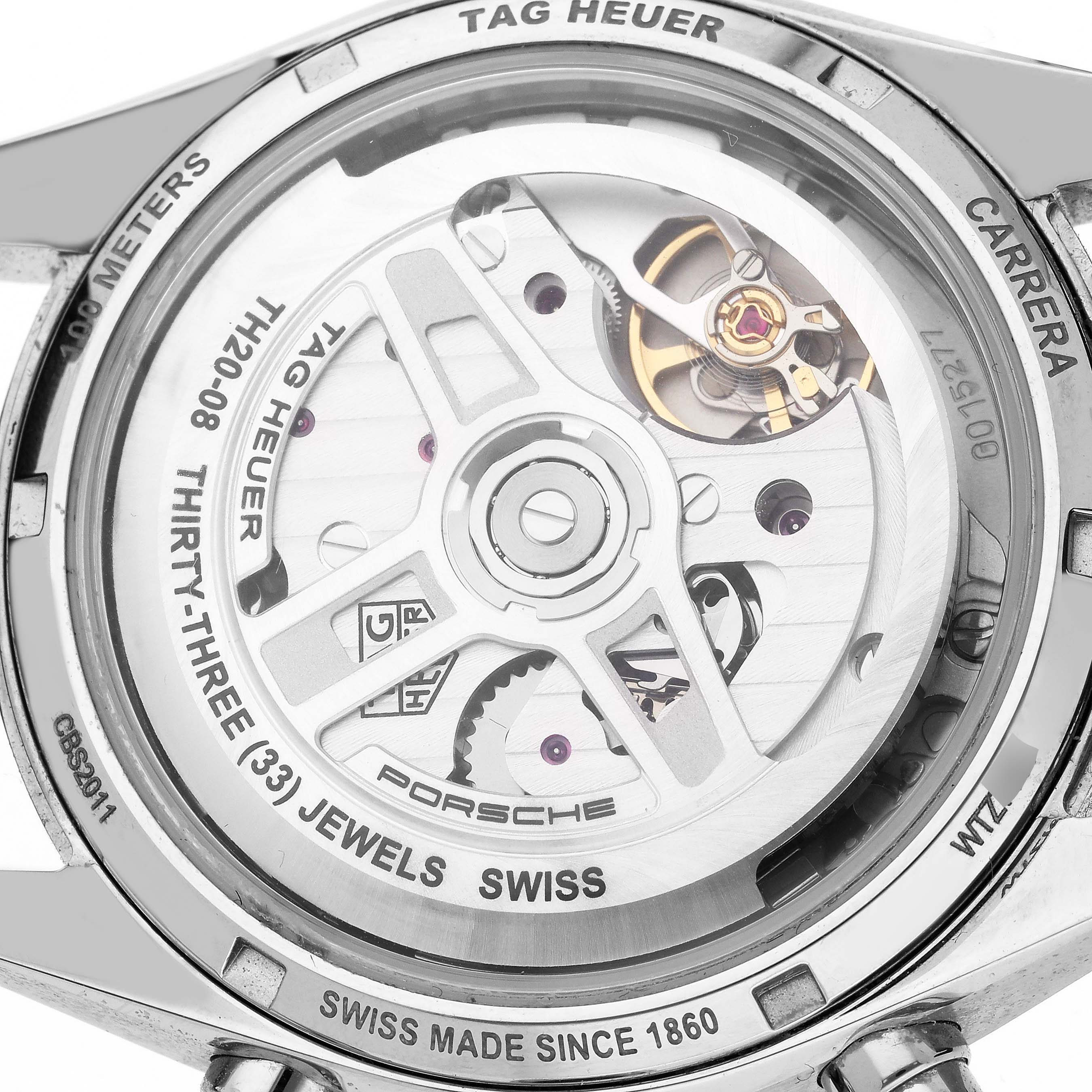 The image shows the back of the Tag Heuer Carrera CBS2011.FC6529 Men's Stainless Steel Silver Dial CBS2011.FC6529 Men's Stainless Steel Silver Dial watch, displaying the intricate movement and rotors inside the case.