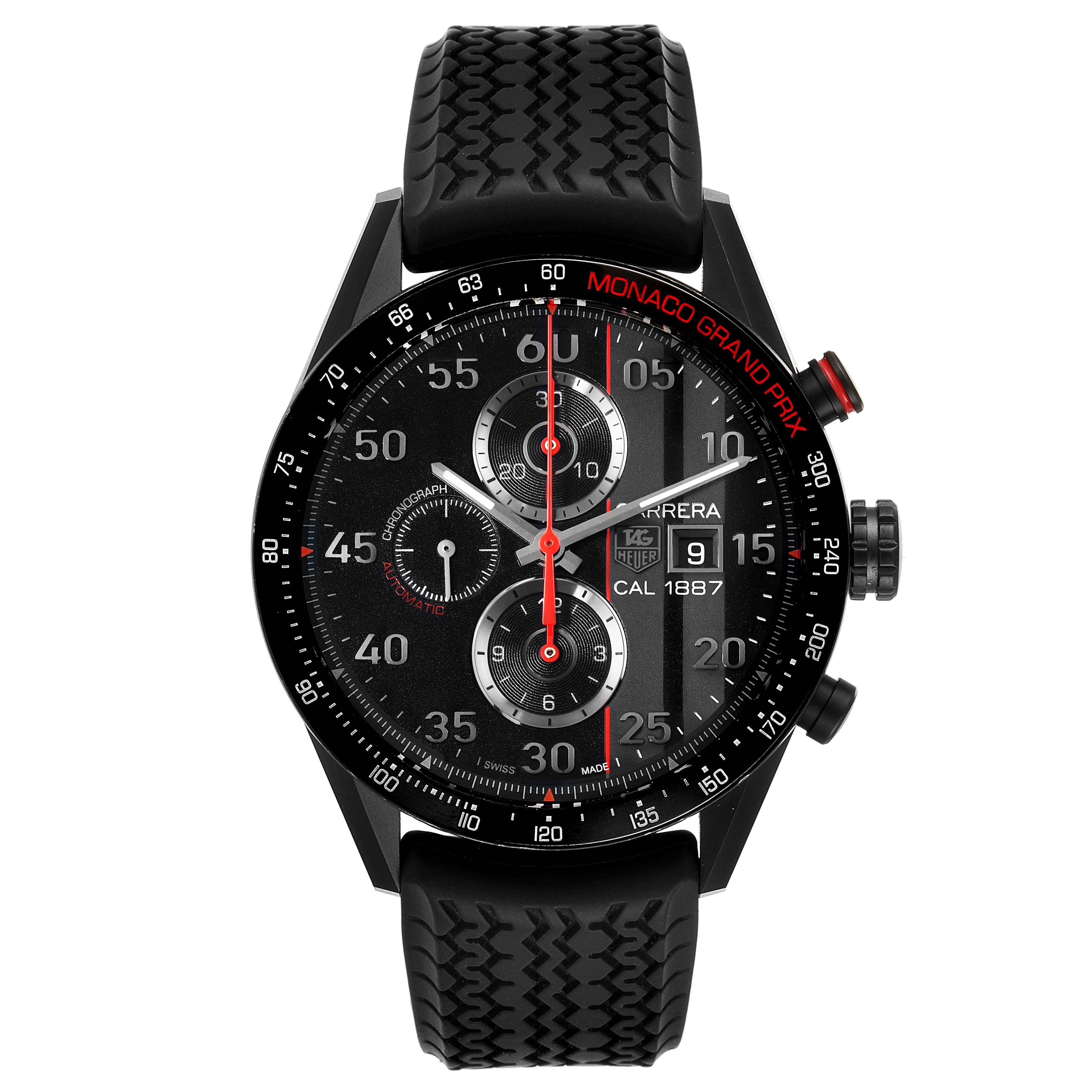 The image shows a frontal view of the Tag Heuer Monaco CAR2A83.FT6033 Men's Titanium Black Dial CAR2A83.FT6033 Men's Titanium Black Dial watch, displaying the dial, bezel, and strap.